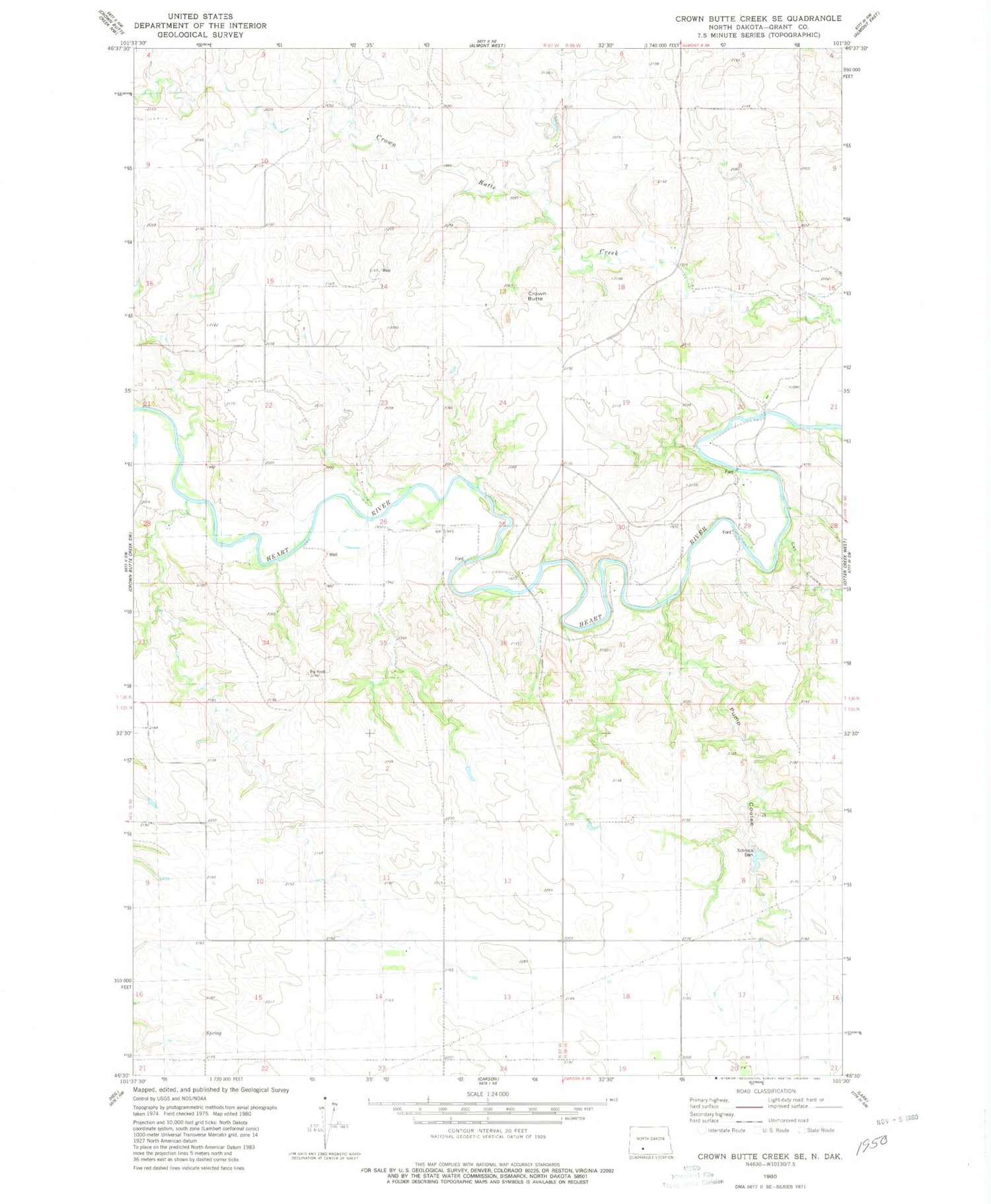 Classic USGS Crown Butte Creek SE North Dakota 7.5'x7.5' Topo Map Image