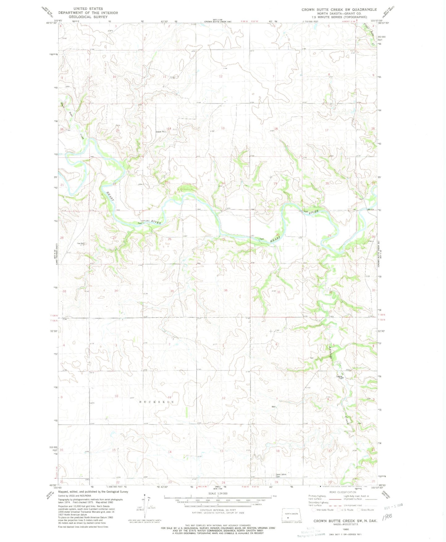 Classic USGS Crown Butte Creek SW North Dakota 7.5'x7.5' Topo Map Image