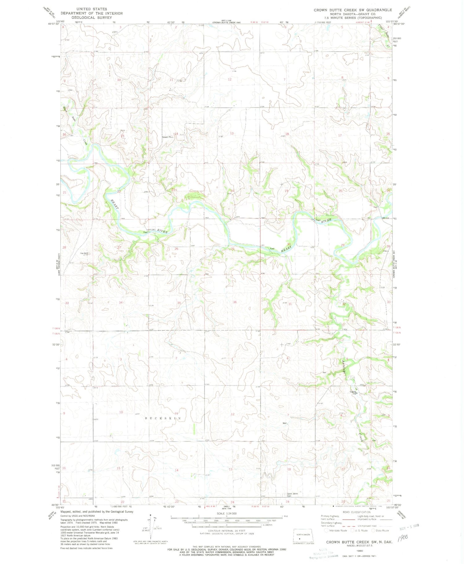 Classic USGS Crown Butte Creek SW North Dakota 7.5'x7.5' Topo Map Image