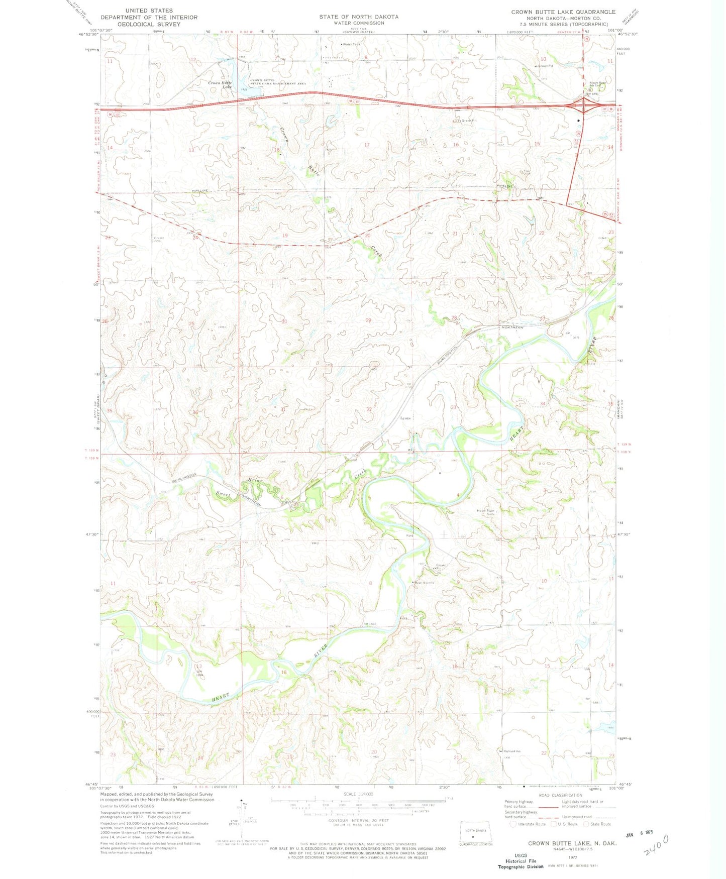 Classic USGS Crown Butte Lake North Dakota 7.5'x7.5' Topo Map Image
