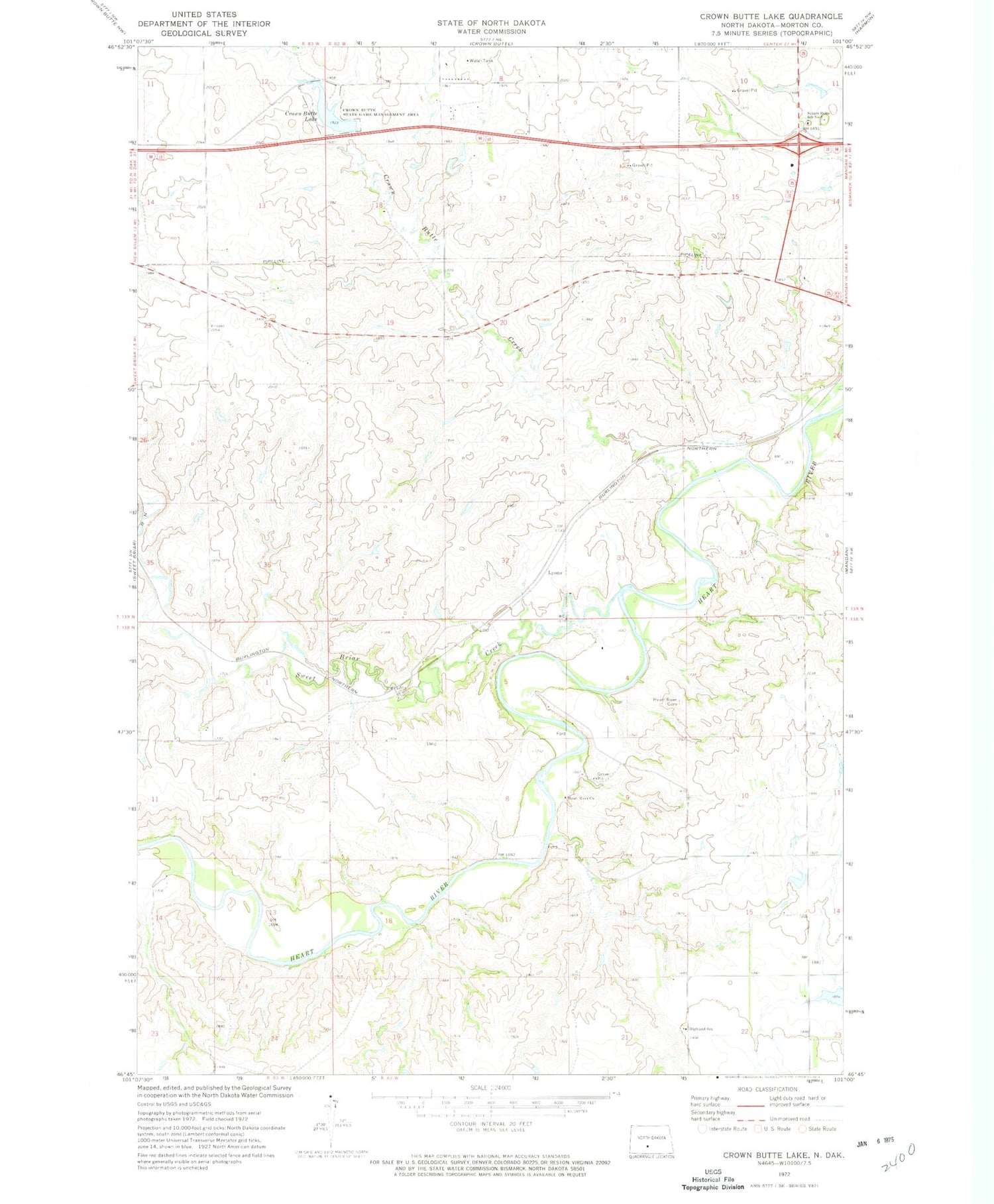 Classic USGS Crown Butte Lake North Dakota 7.5'x7.5' Topo Map Image