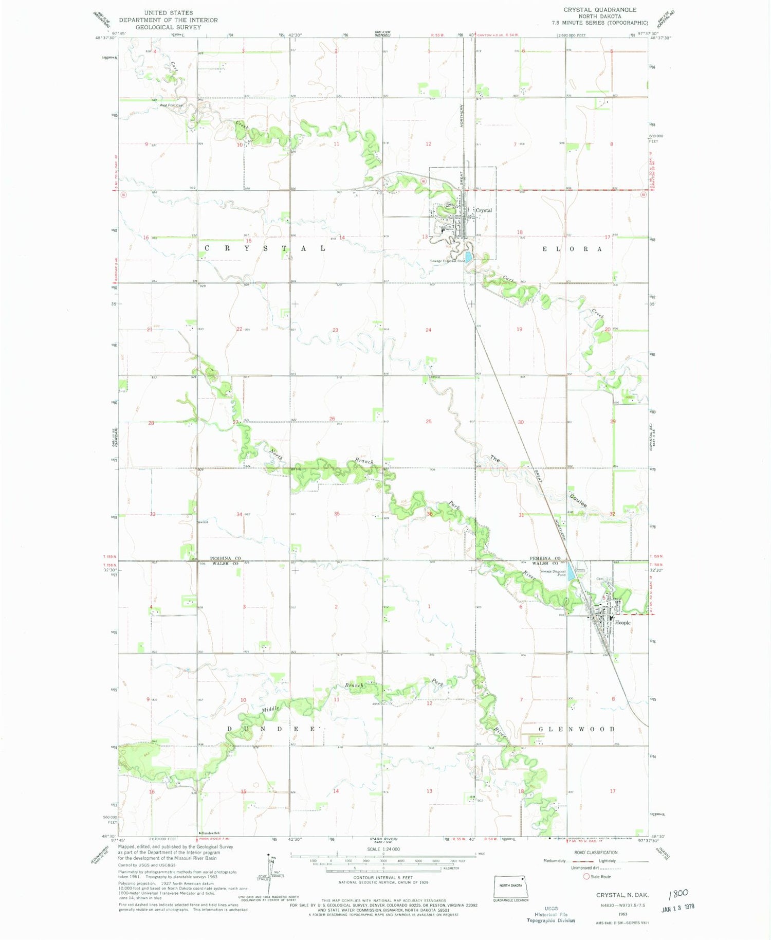 Classic USGS Crystal North Dakota 7.5'x7.5' Topo Map Image