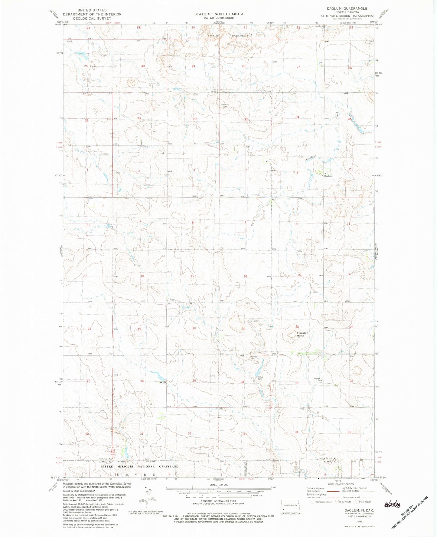 Classic USGS Daglum North Dakota 7.5'x7.5' Topo Map Image