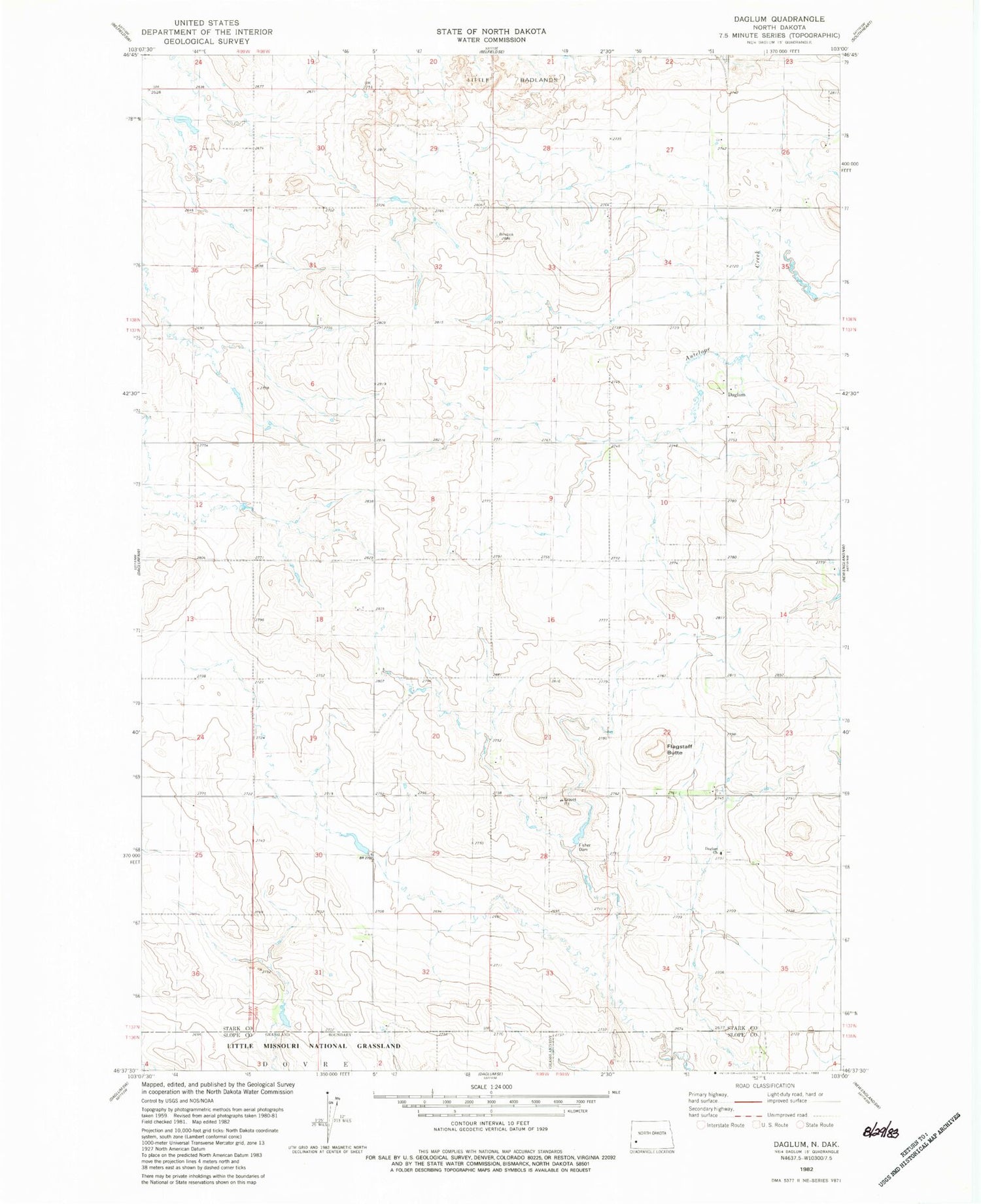 Classic USGS Daglum North Dakota 7.5'x7.5' Topo Map Image