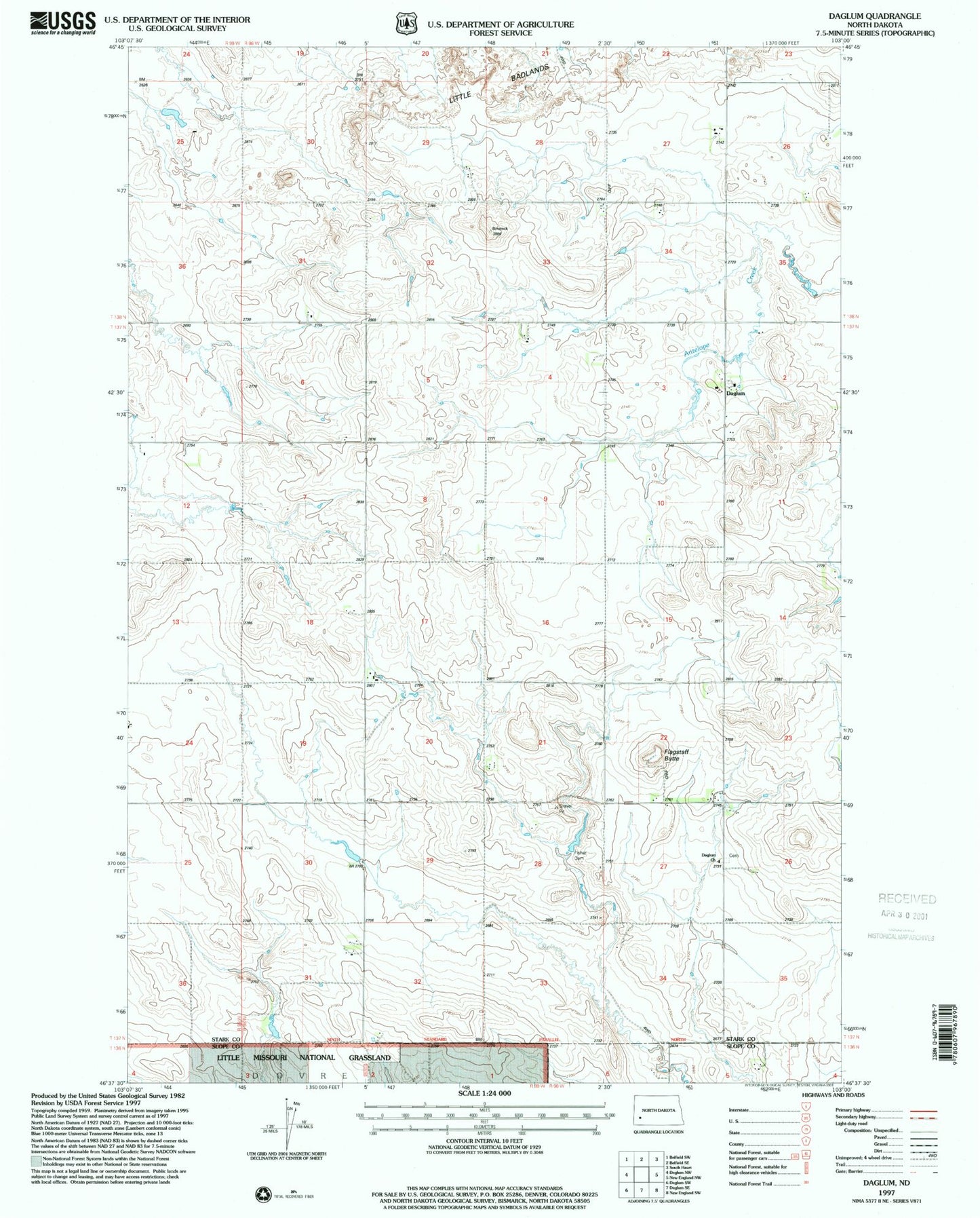 Classic USGS Daglum North Dakota 7.5'x7.5' Topo Map Image