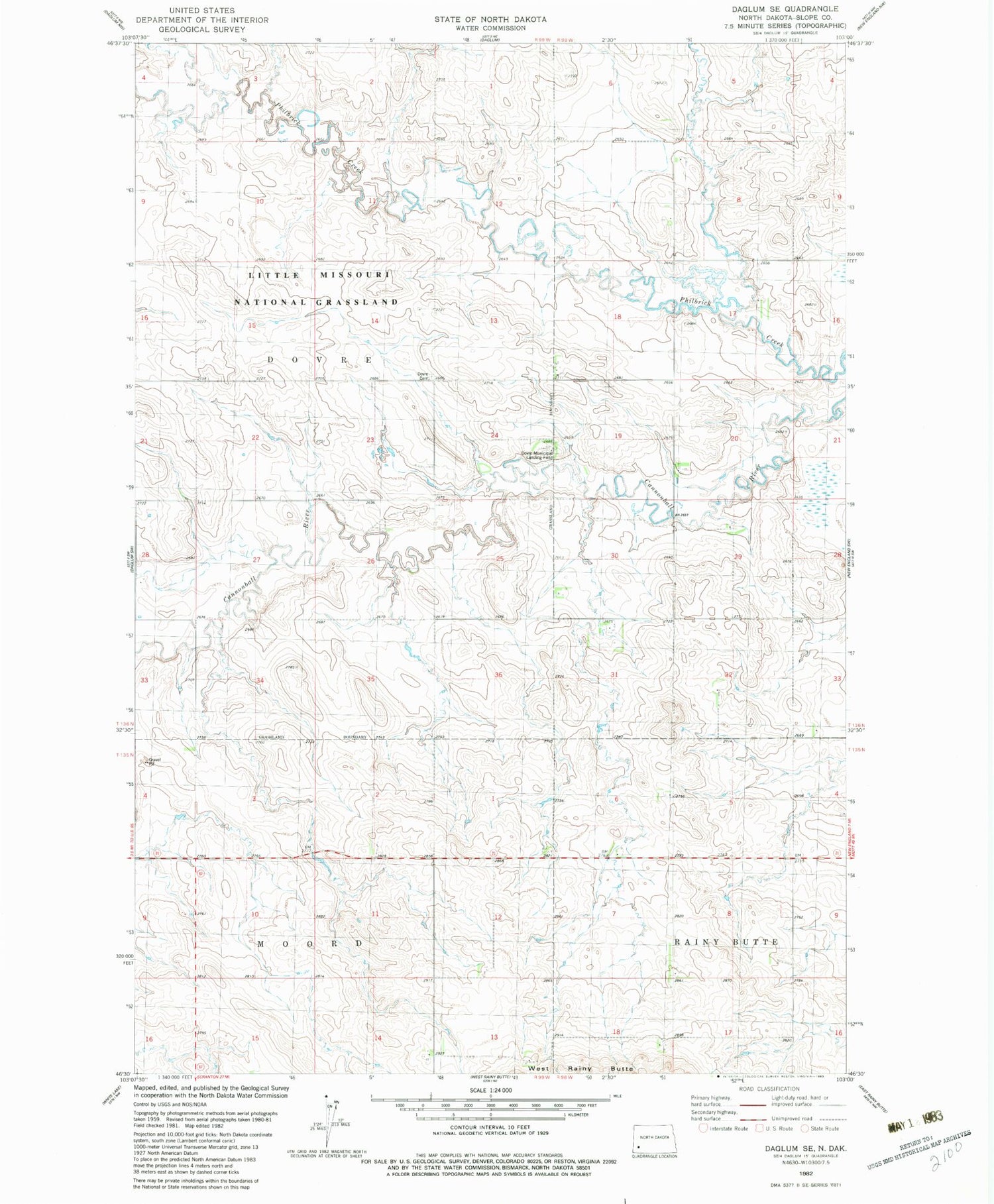 Classic USGS Daglum SE North Dakota 7.5'x7.5' Topo Map Image