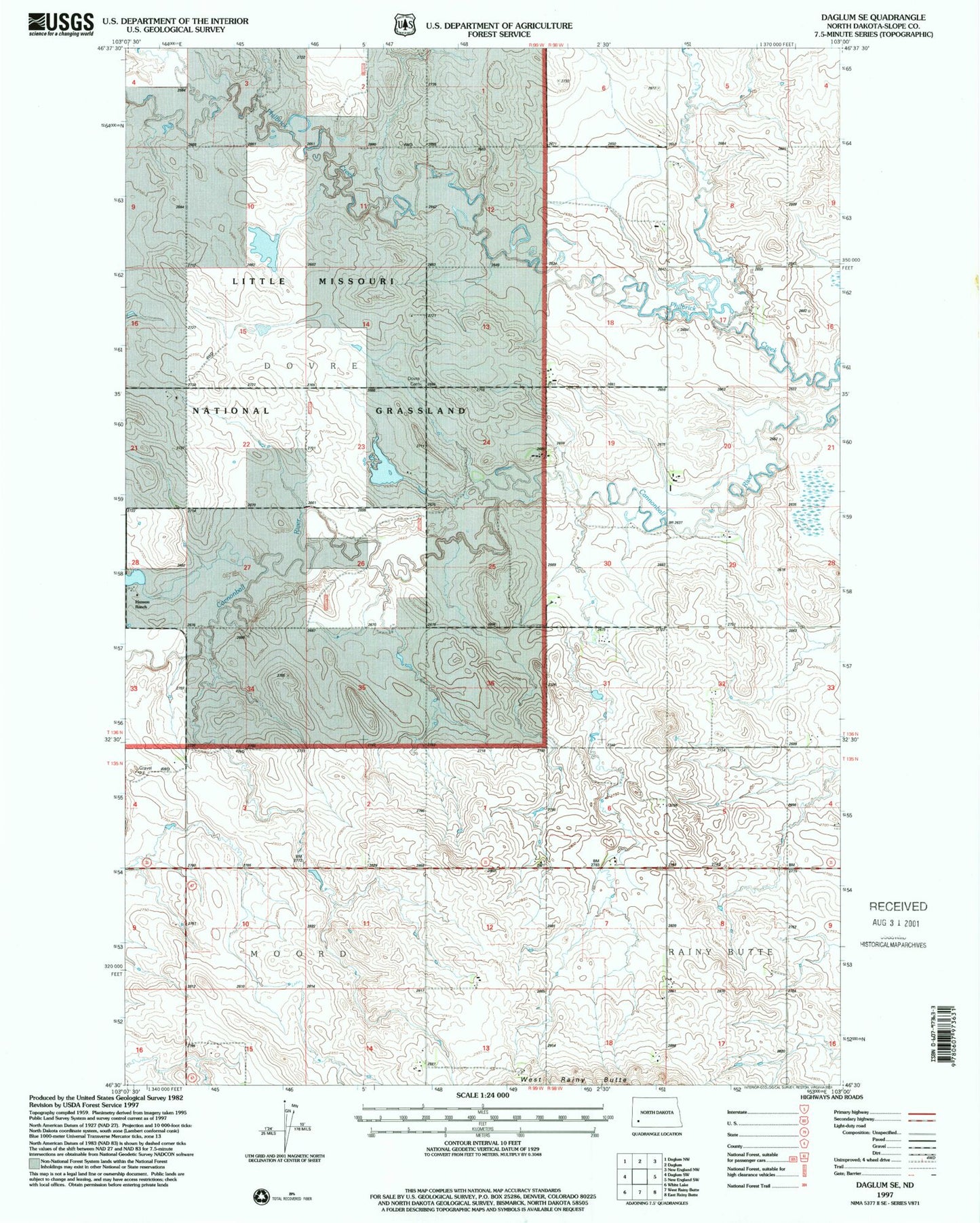 Classic USGS Daglum SE North Dakota 7.5'x7.5' Topo Map Image