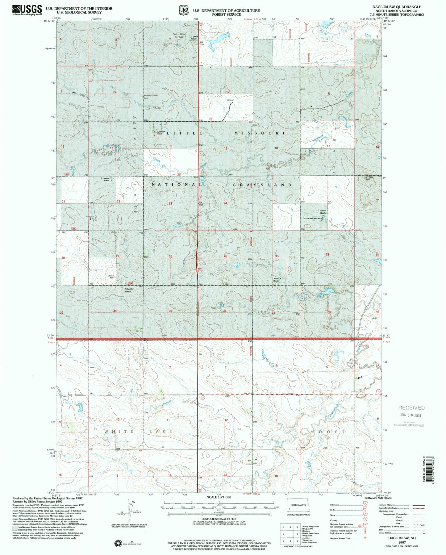 Classic USGS Daglum SW North Dakota 7.5'x7.5' Topo Map Image