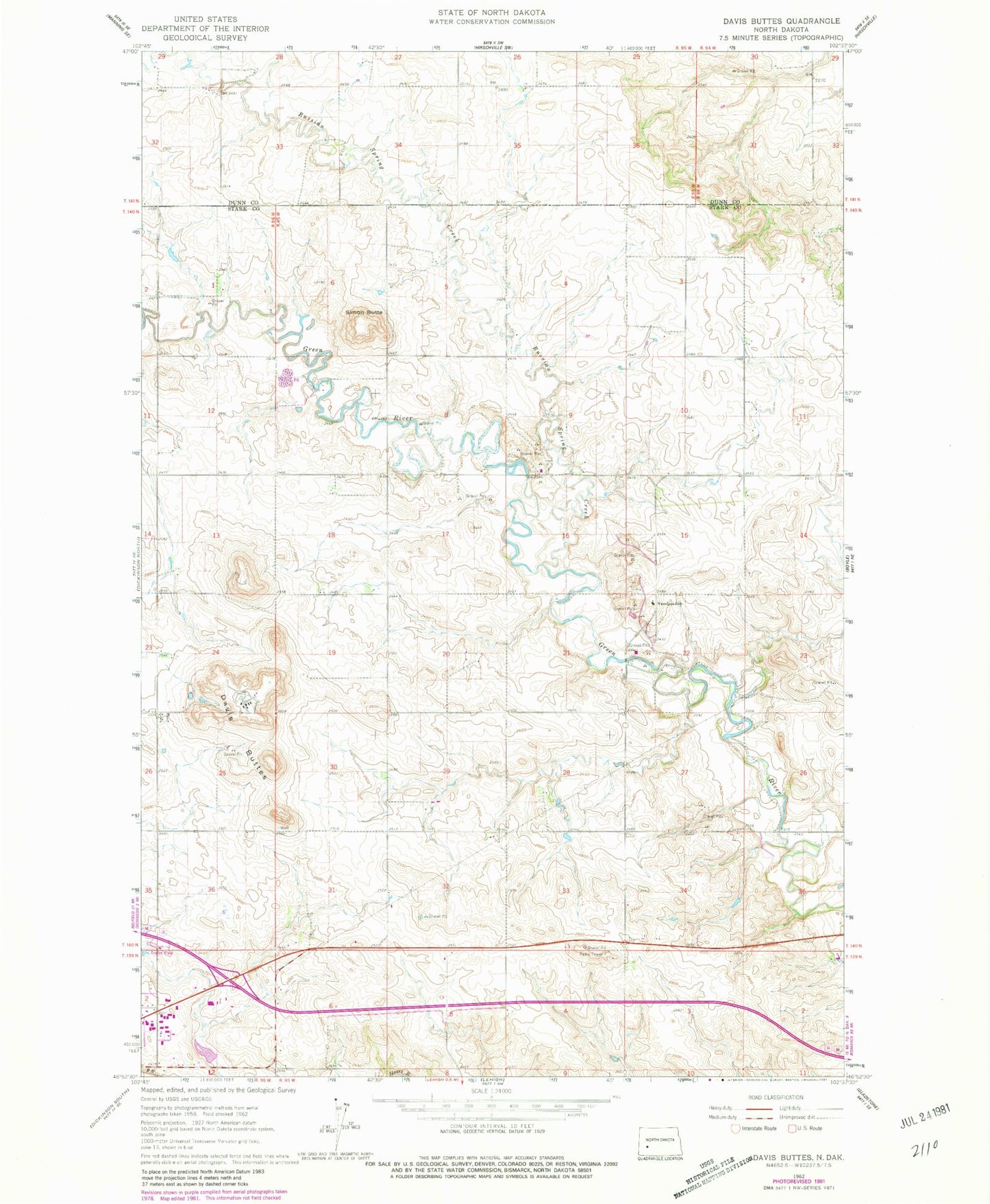Classic USGS Davis Buttes North Dakota 7.5'x7.5' Topo Map Image