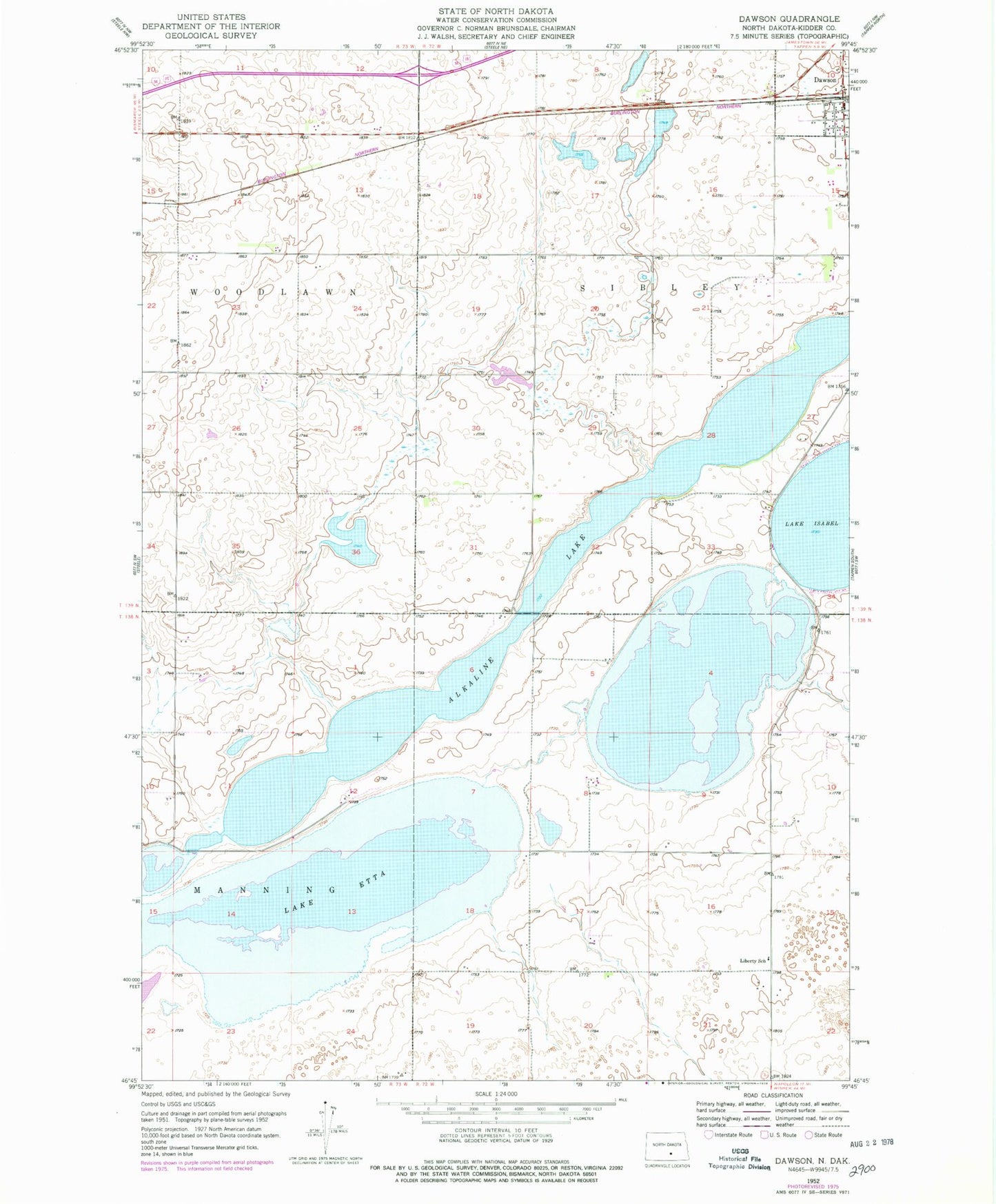 Classic USGS Dawson North Dakota 7.5'x7.5' Topo Map Image