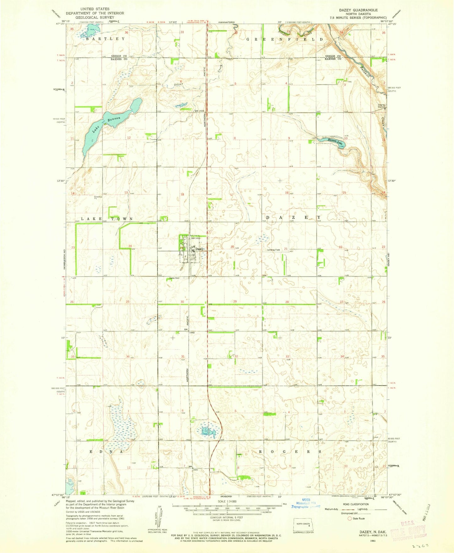 Classic USGS Dazey North Dakota 7.5'x7.5' Topo Map Image
