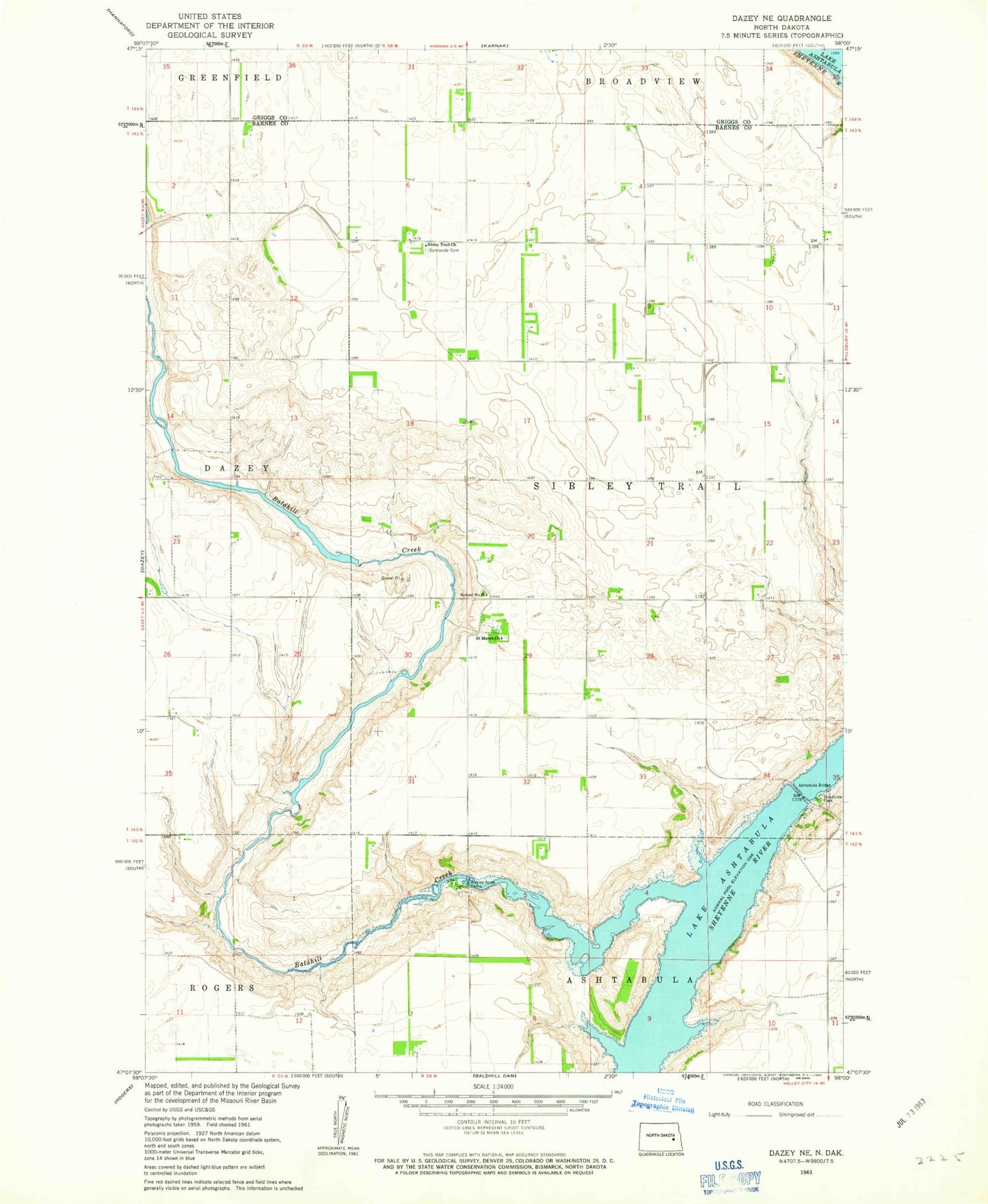 Classic USGS Dazey NE North Dakota 7.5'x7.5' Topo Map Image