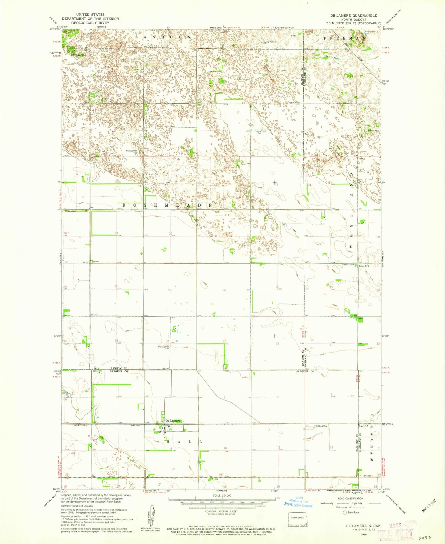Classic USGS De Lamere North Dakota 7.5'x7.5' Topo Map Image