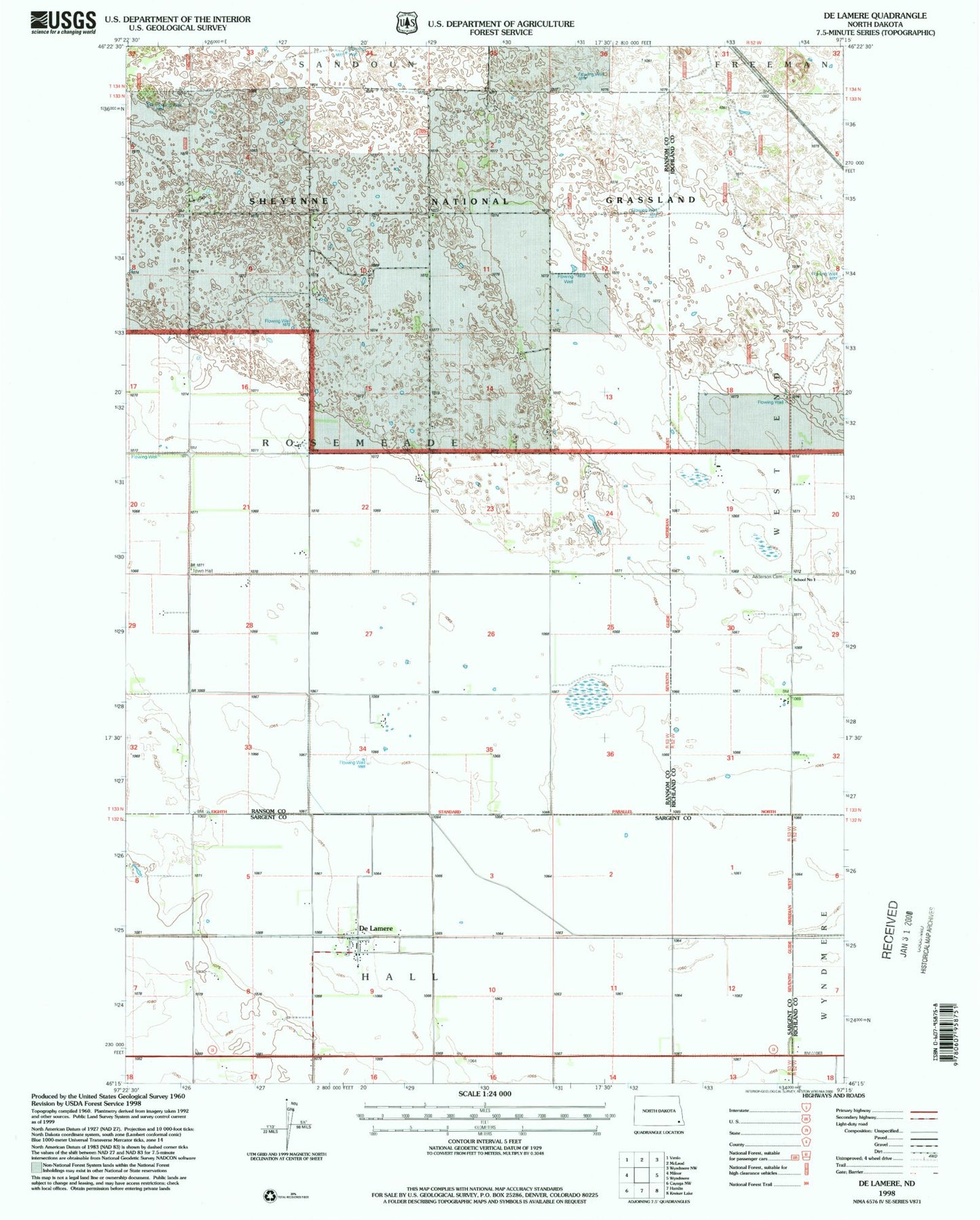 Classic USGS De Lamere North Dakota 7.5'x7.5' Topo Map Image