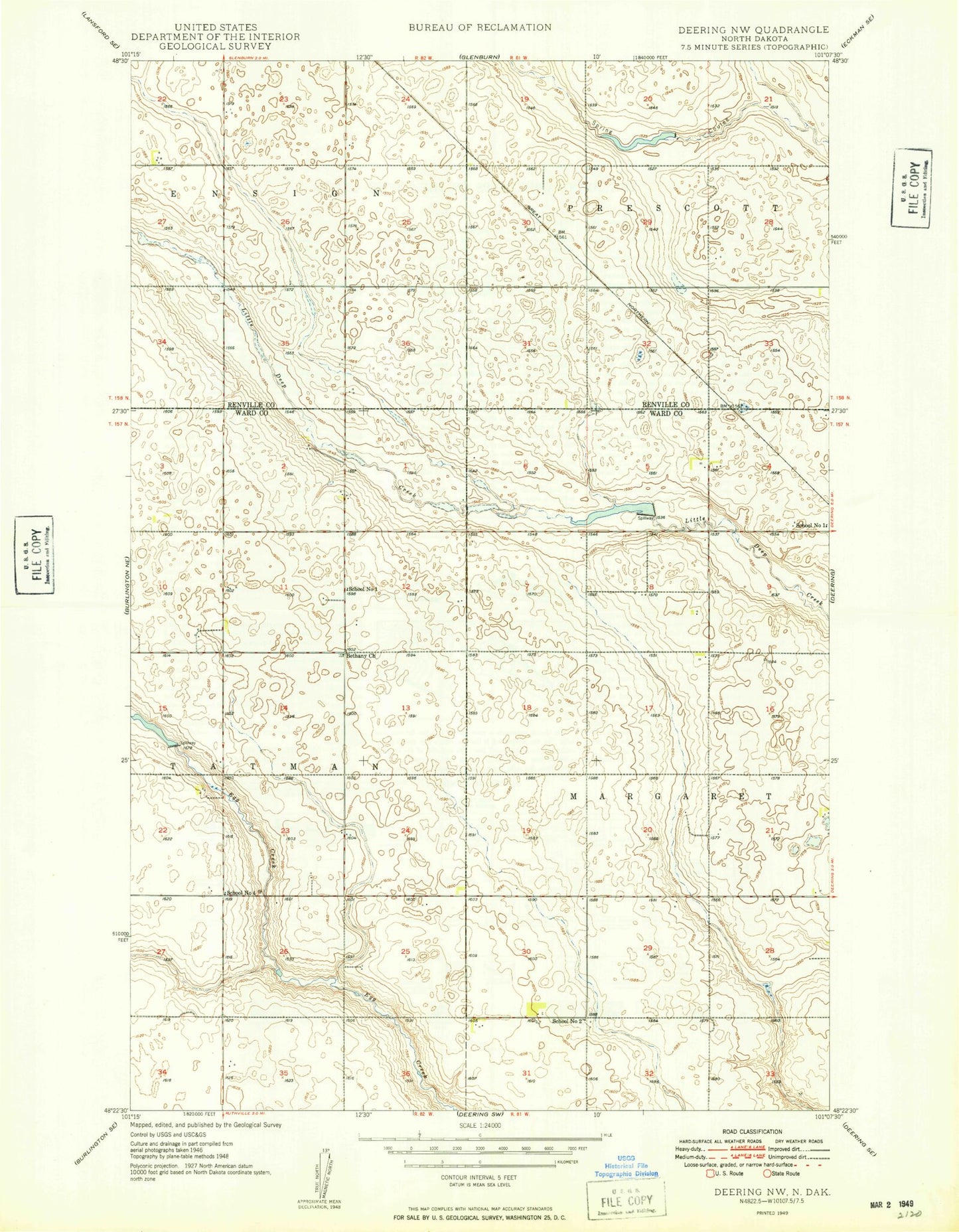 Classic USGS Deering NW North Dakota 7.5'x7.5' Topo Map Image