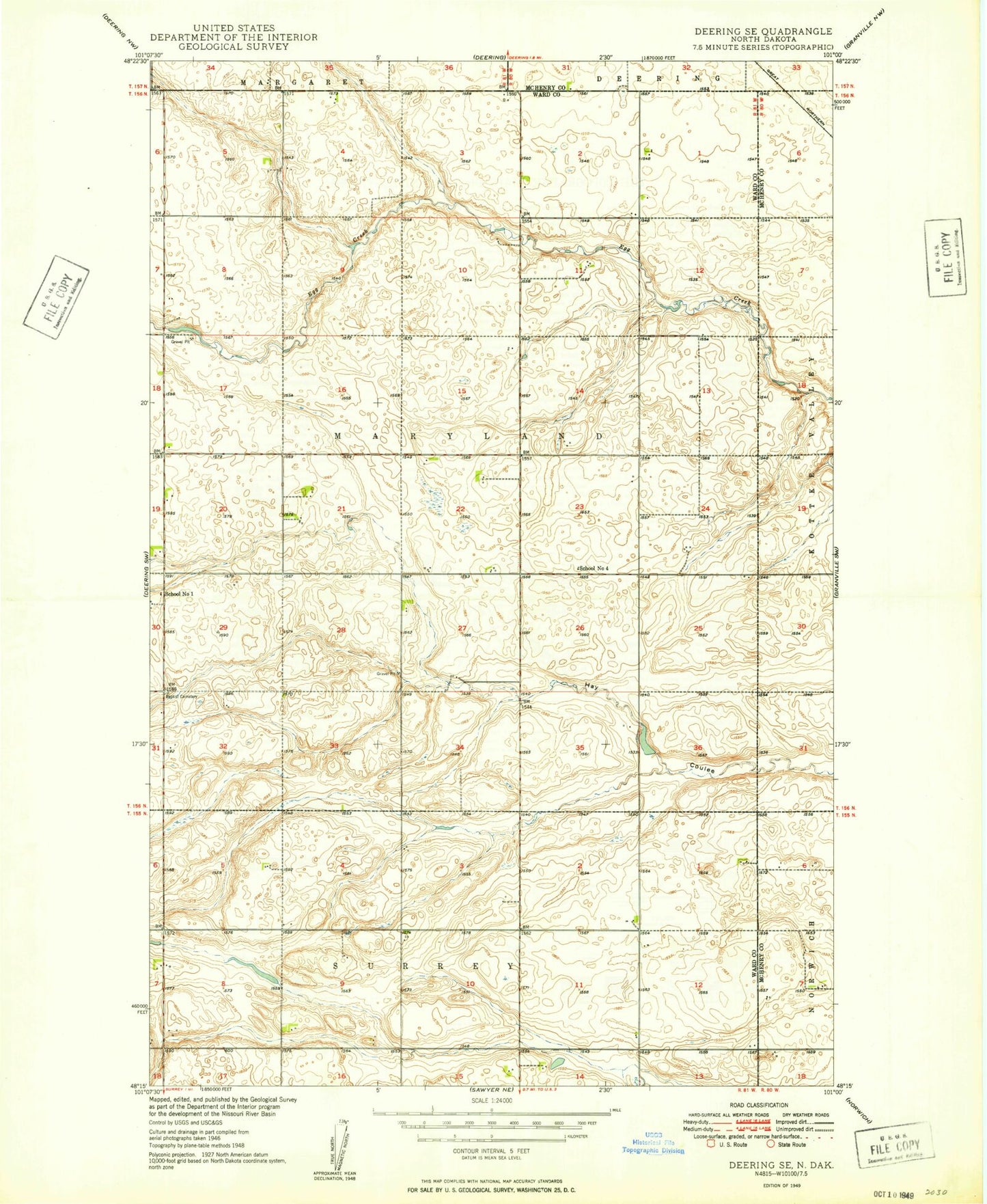 Classic USGS Deering SE North Dakota 7.5'x7.5' Topo Map Image