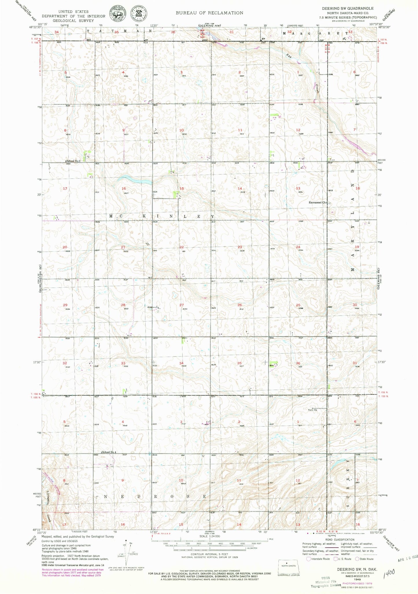 Classic USGS Deering SW North Dakota 7.5'x7.5' Topo Map Image