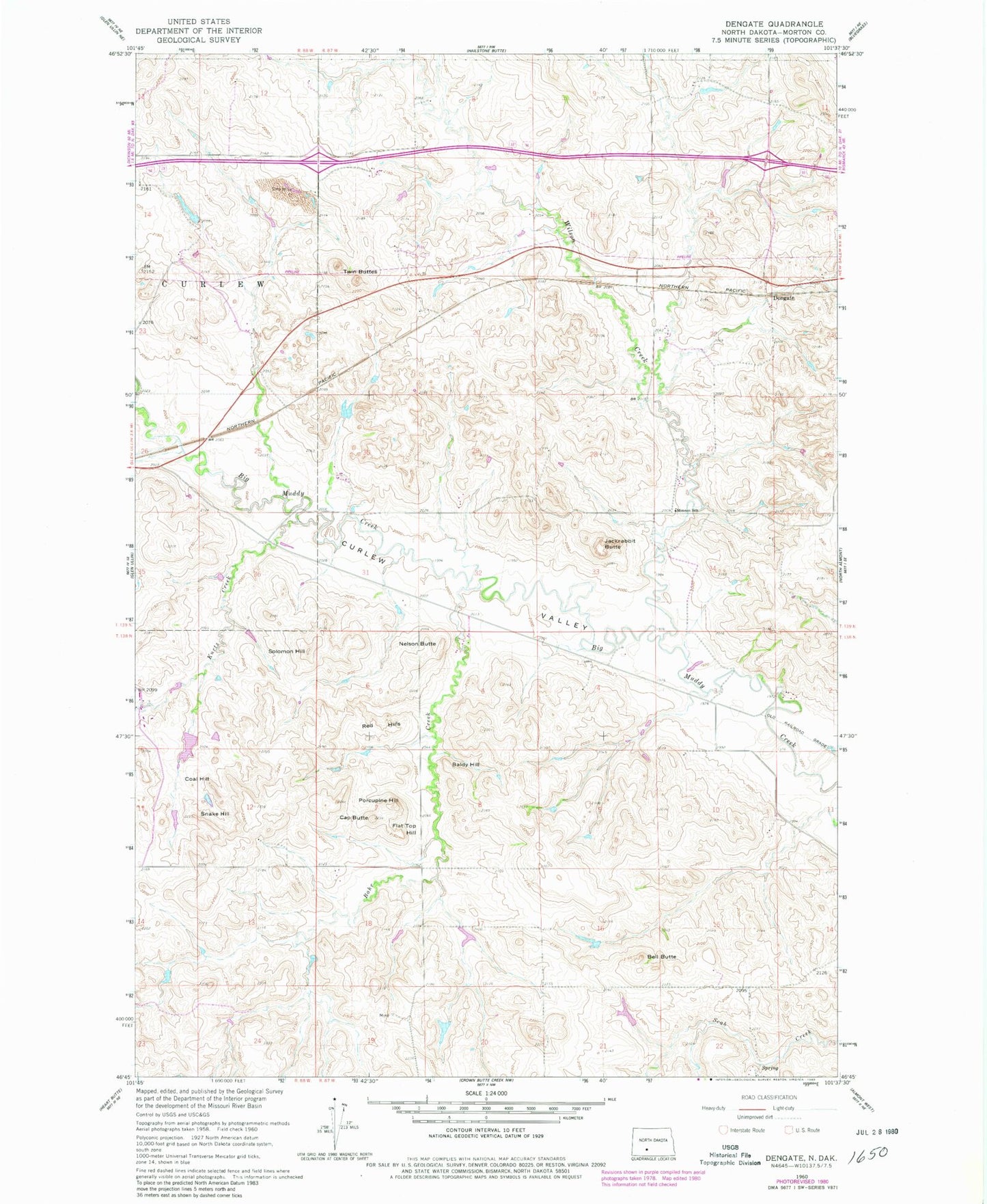 Classic USGS Dengate North Dakota 7.5'x7.5' Topo Map Image