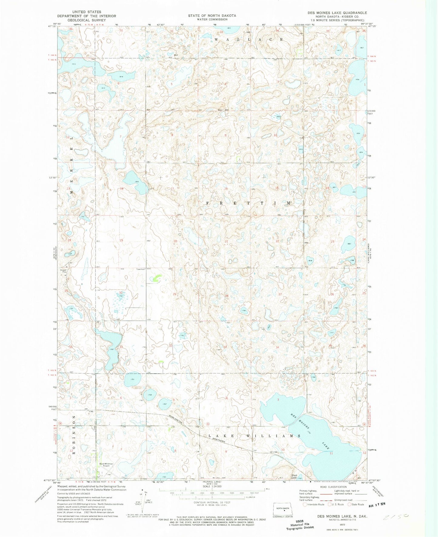 Classic USGS Des Moines Lake North Dakota 7.5'x7.5' Topo Map Image