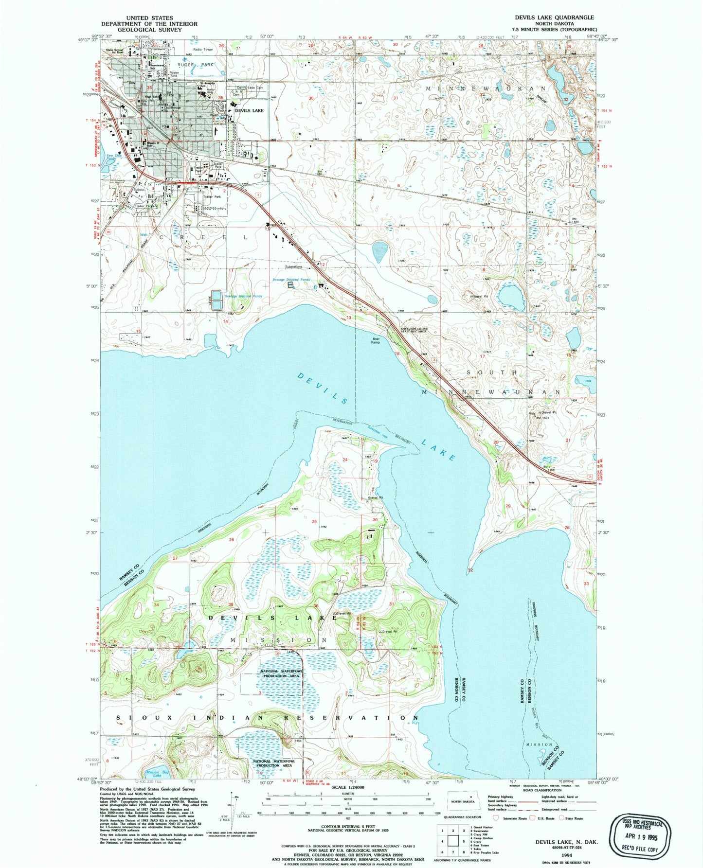 Classic USGS Devils Lake North Dakota 7.5'x7.5' Topo Map Image