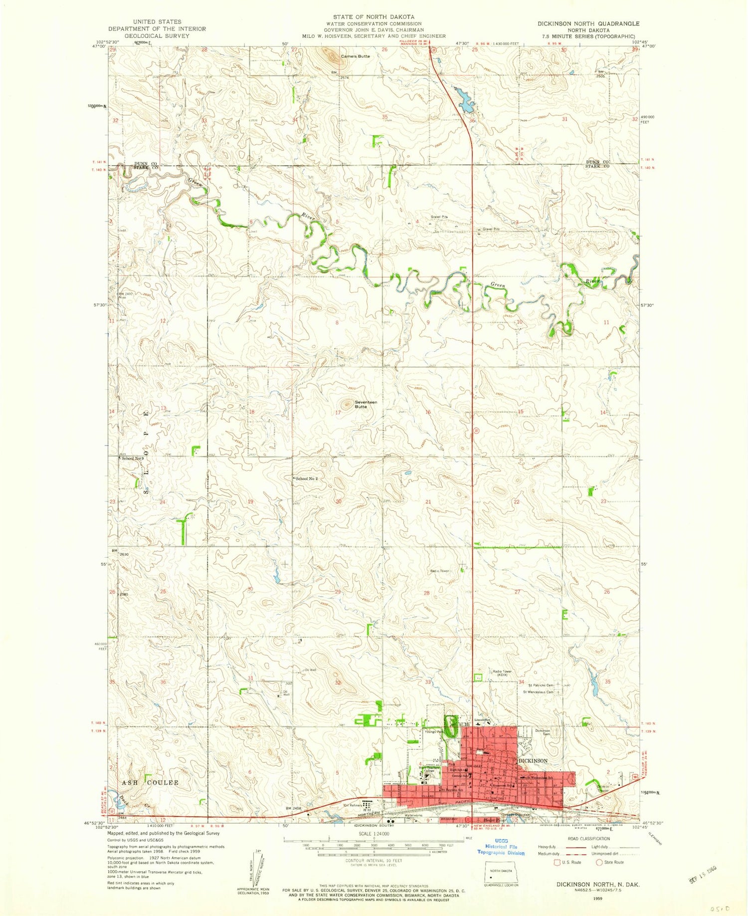 Classic USGS Dickinson North North Dakota 7.5'x7.5' Topo Map Image
