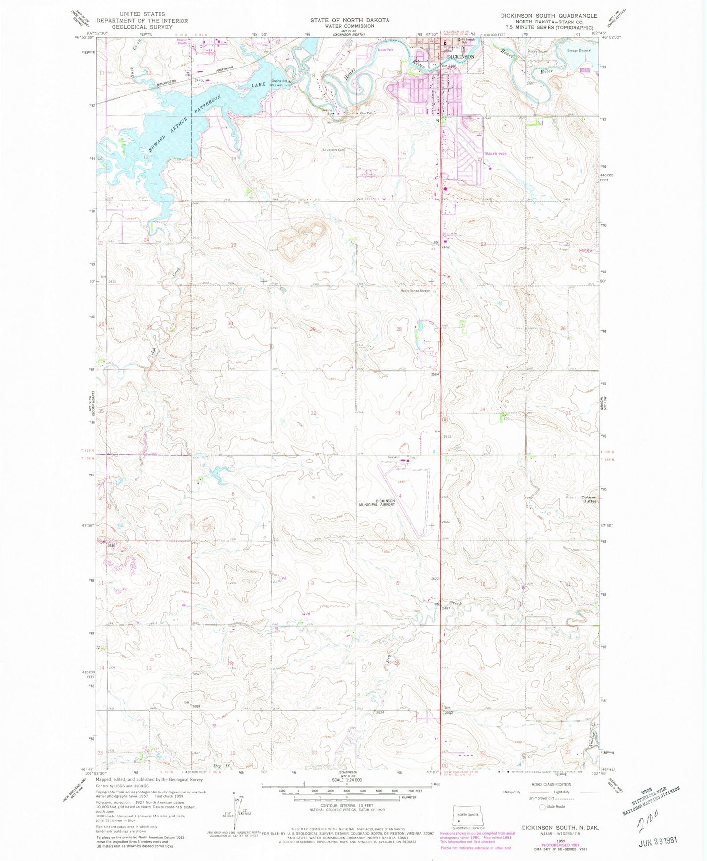Classic USGS Dickinson South North Dakota 7.5'x7.5' Topo Map Image