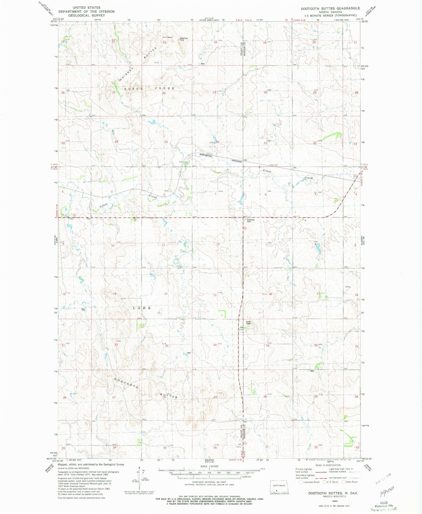 Classic USGS Dogtooth Buttes North Dakota 7.5'x7.5' Topo Map Image