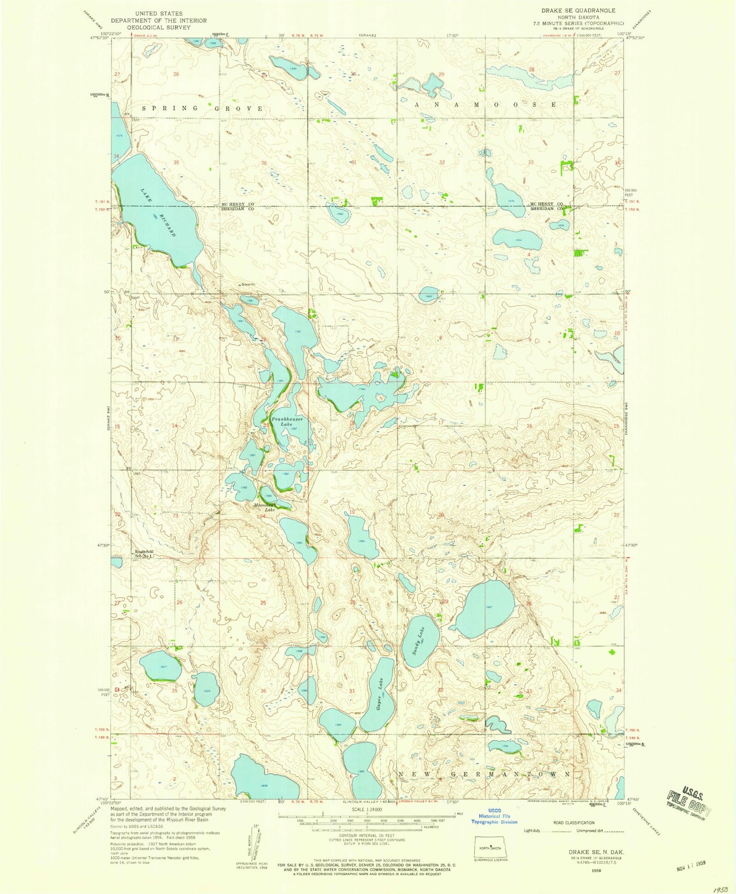 Classic USGS Drake SE North Dakota 7.5'x7.5' Topo Map Image