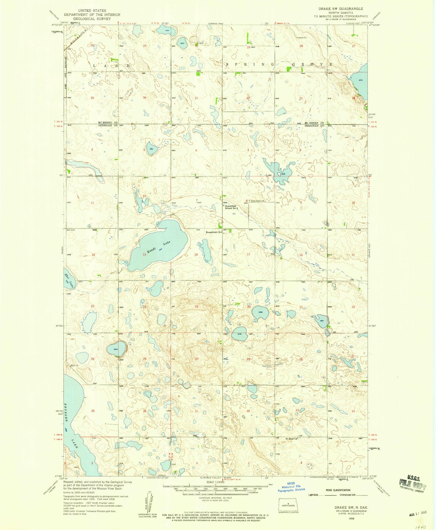 Classic USGS Drake SW North Dakota 7.5'x7.5' Topo Map Image