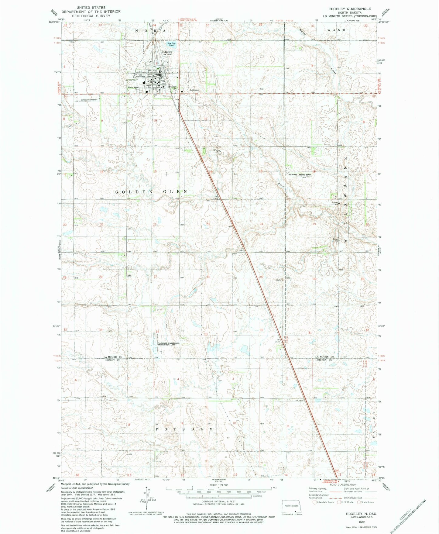 Classic USGS Edgeley North Dakota 7.5'x7.5' Topo Map Image