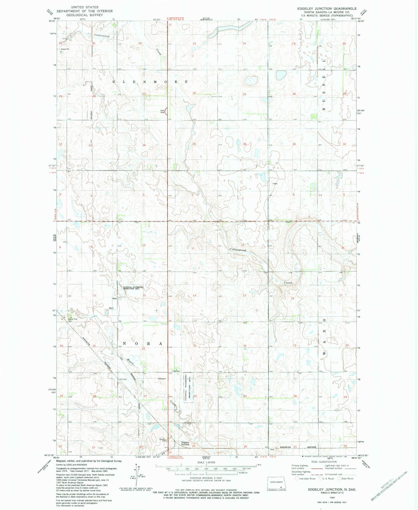 Classic USGS Edgeley Junction North Dakota 7.5'x7.5' Topo Map Image