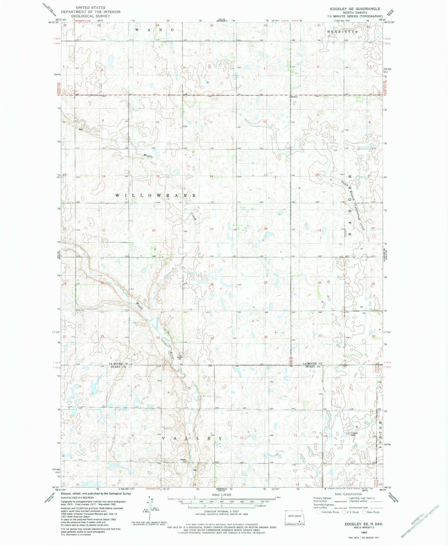 Classic USGS Edgeley SE North Dakota 7.5'x7.5' Topo Map Image