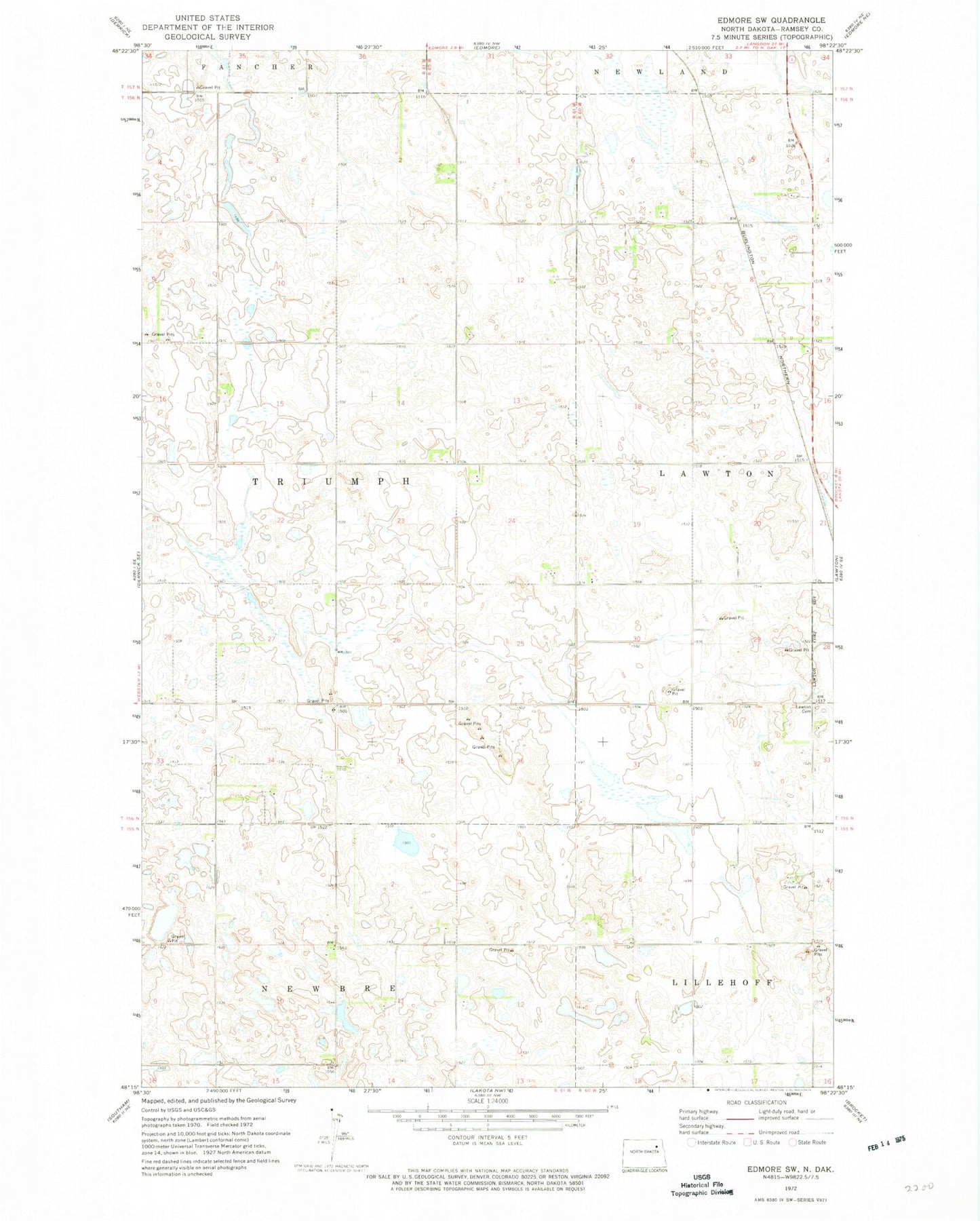 Classic USGS Edmore SW North Dakota 7.5'x7.5' Topo Map Image