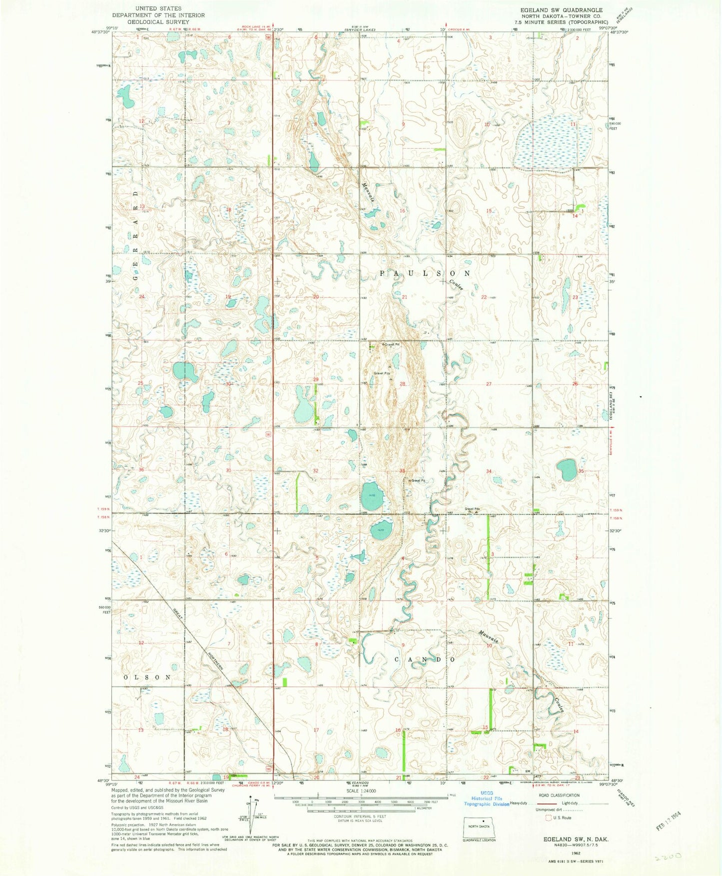 Classic USGS Egeland SW North Dakota 7.5'x7.5' Topo Map Image