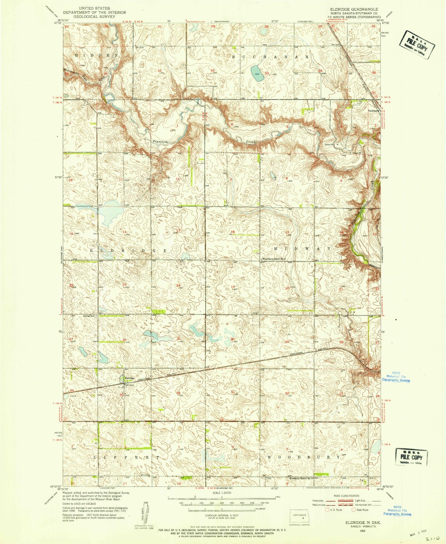 Classic USGS Eldridge North Dakota 7.5'x7.5' Topo Map Image