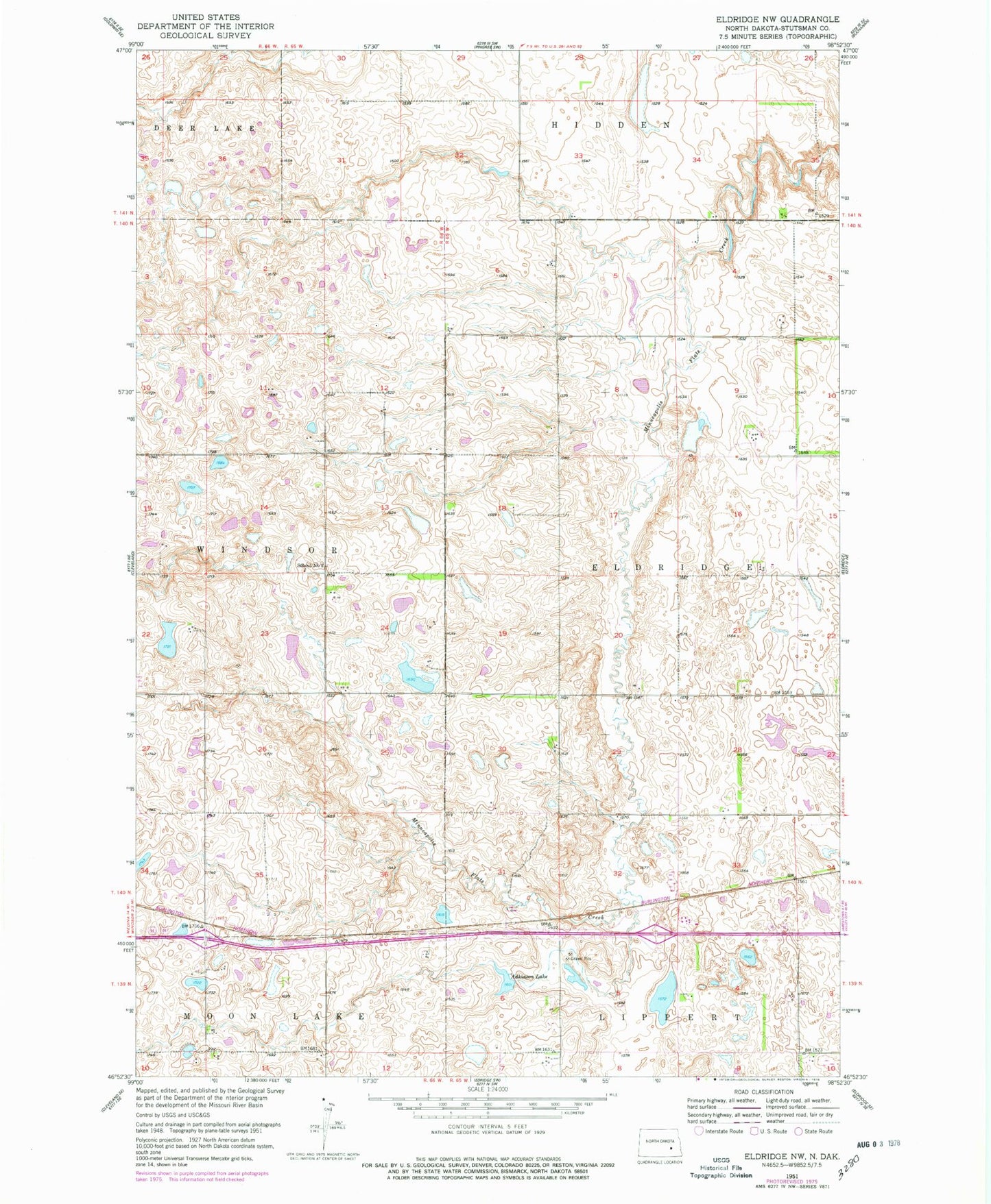 Classic USGS Eldridge NW North Dakota 7.5'x7.5' Topo Map Image