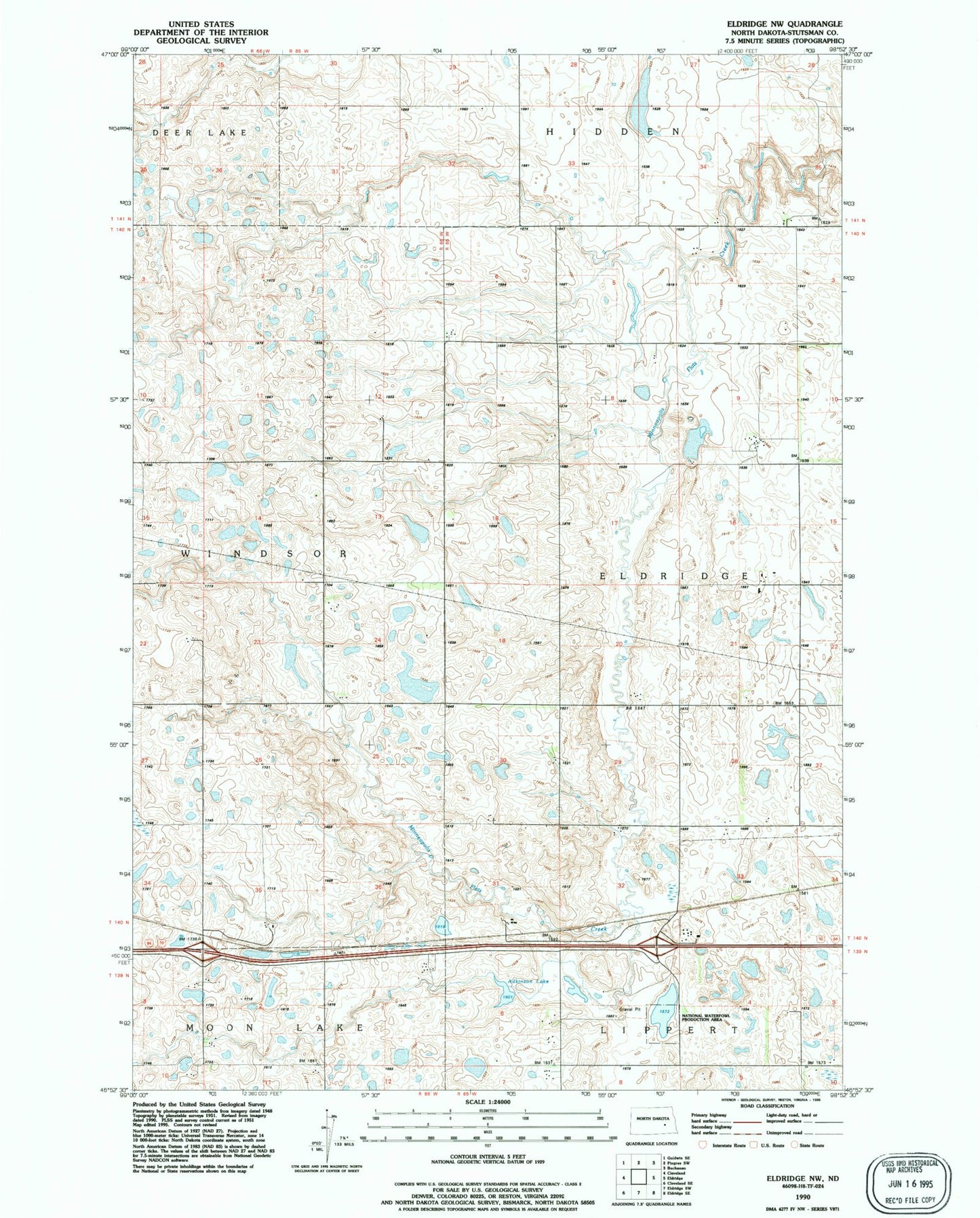 Classic USGS Eldridge NW North Dakota 7.5'x7.5' Topo Map Image