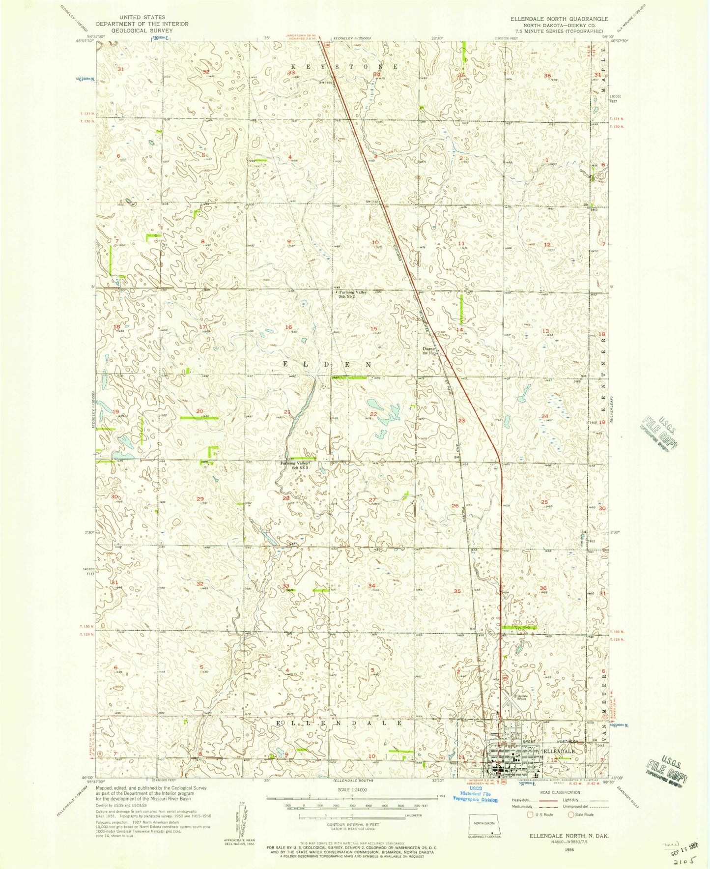 Classic USGS Ellendale North North Dakota 7.5'x7.5' Topo Map Image