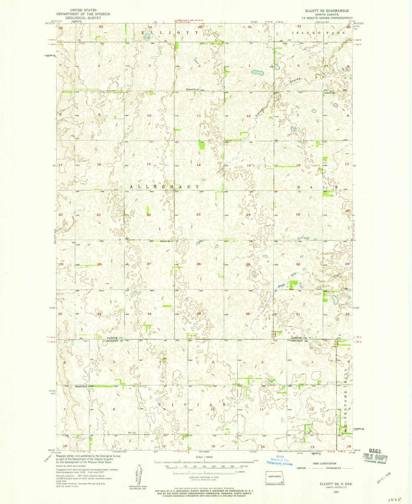 Classic USGS Elliott SE North Dakota 7.5'x7.5' Topo Map Image