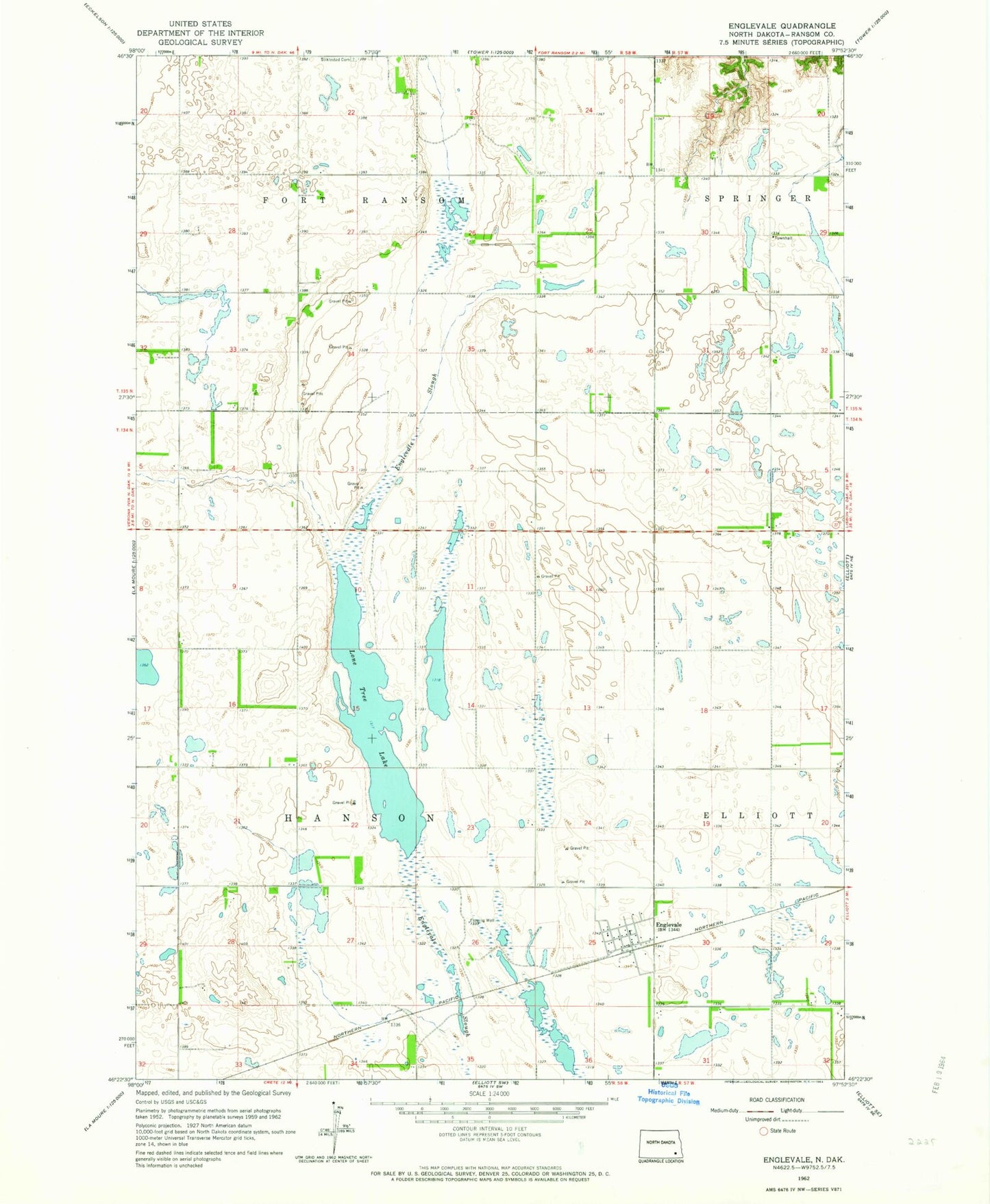 Classic USGS Englevale North Dakota 7.5'x7.5' Topo Map Image