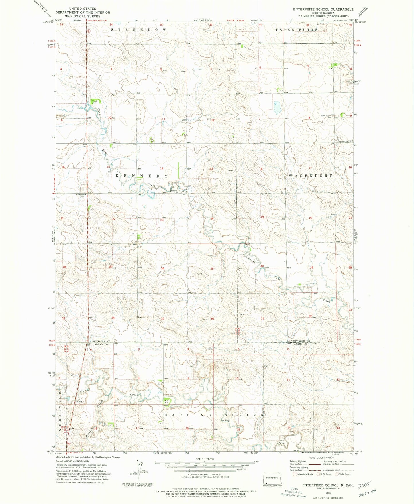 Classic USGS Enterprise School North Dakota 7.5'x7.5' Topo Map Image
