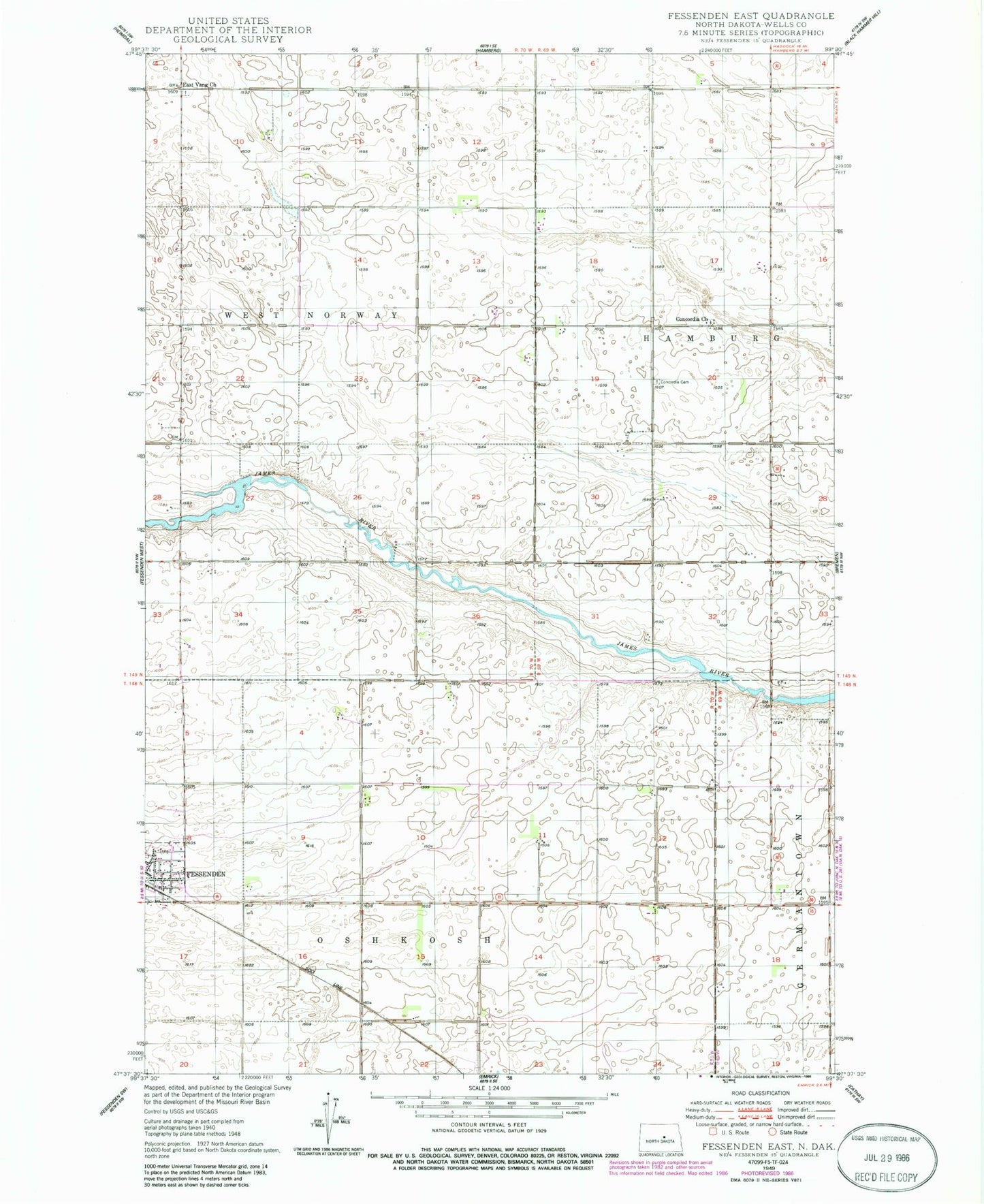 Classic USGS Fessenden East North Dakota 7.5'x7.5' Topo Map Image