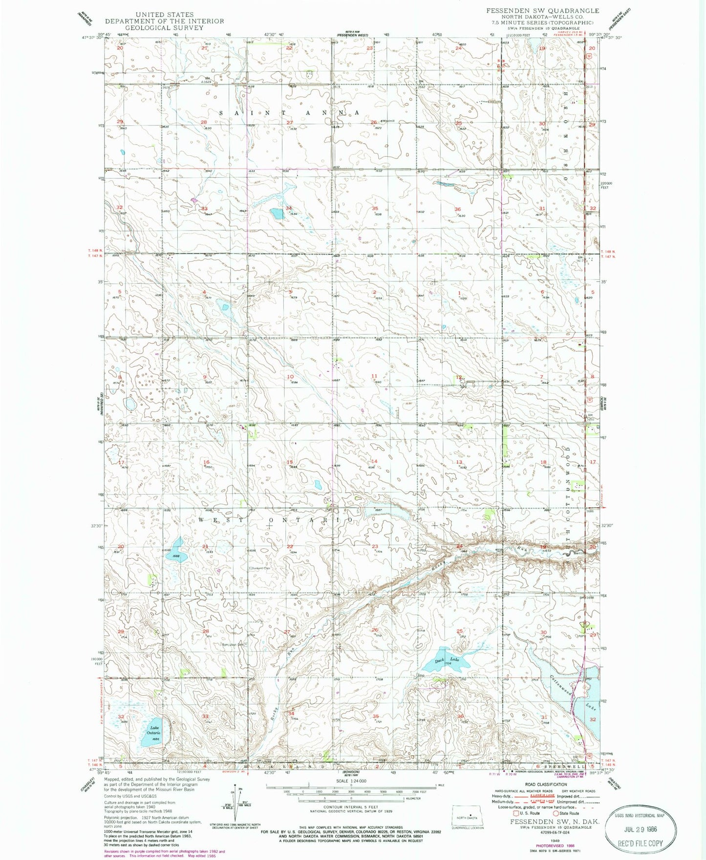 Classic USGS Fessenden SW North Dakota 7.5'x7.5' Topo Map Image