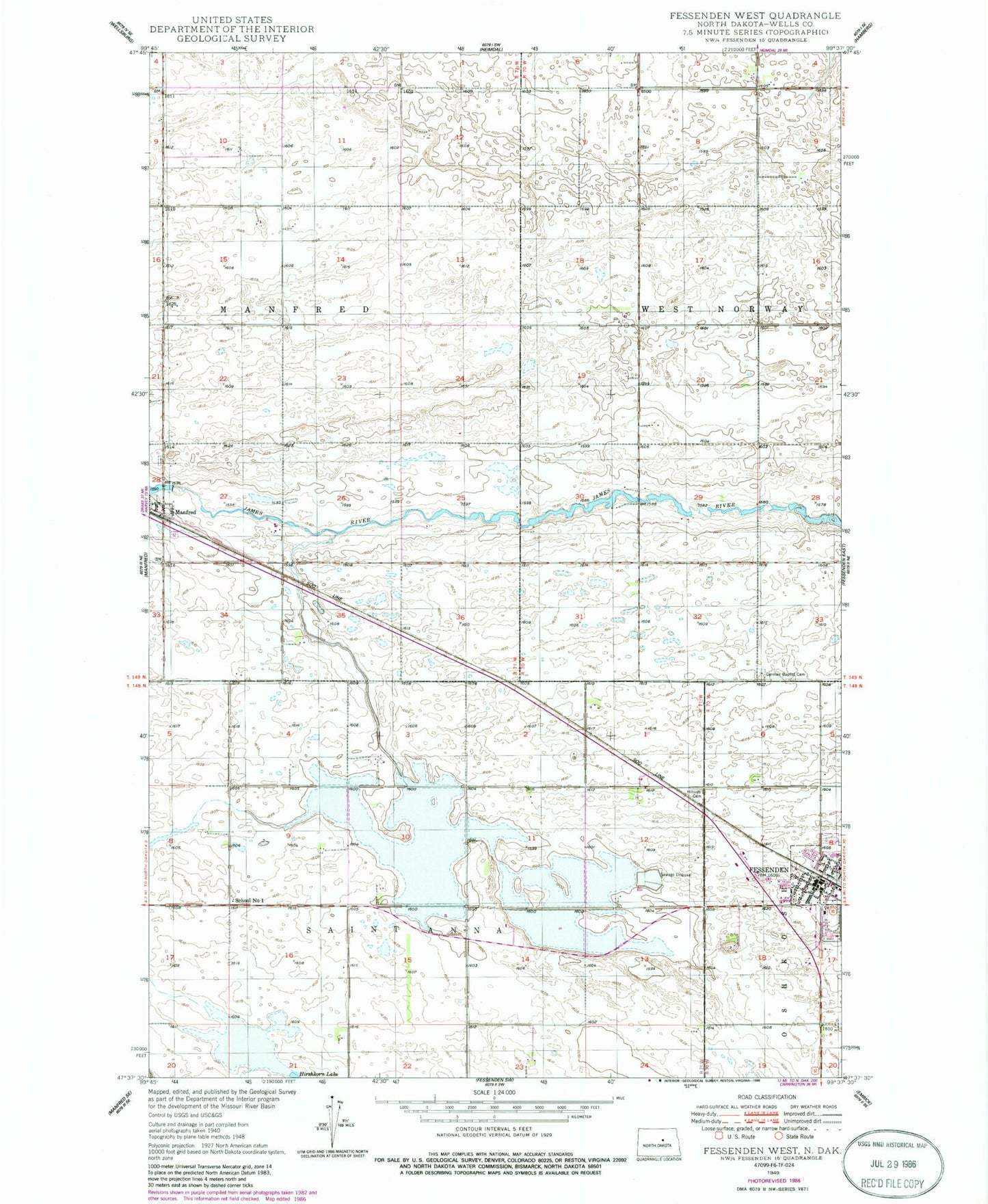 Classic USGS Fessenden West North Dakota 7.5'x7.5' Topo Map Image