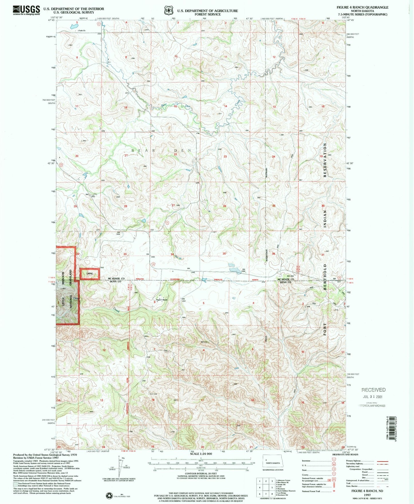 Classic USGS Figure 4 Ranch North Dakota 7.5'x7.5' Topo Map Image