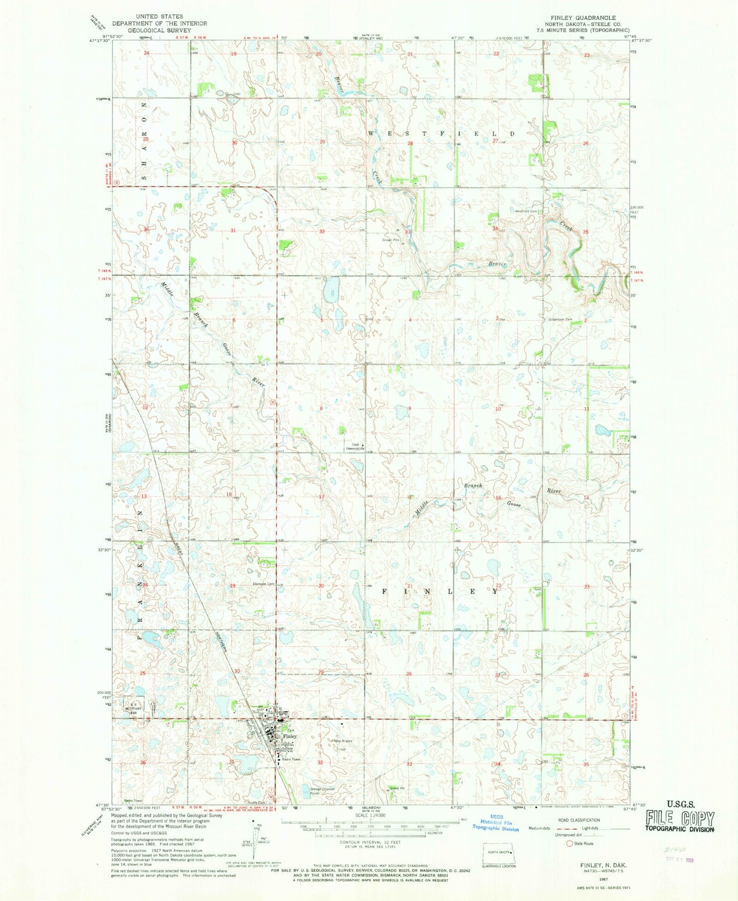 Classic USGS Finley North Dakota 7.5'x7.5' Topo Map Image