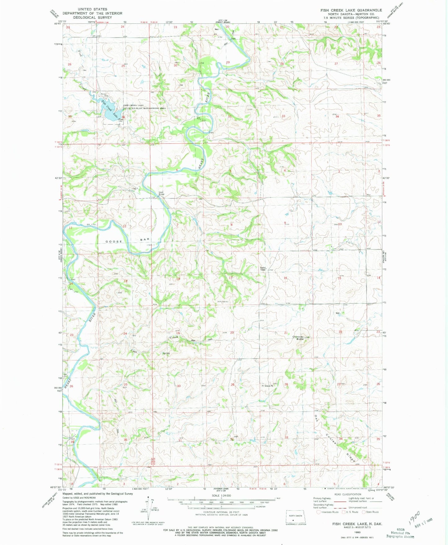 Classic USGS Fish Creek Lake North Dakota 7.5'x7.5' Topo Map Image