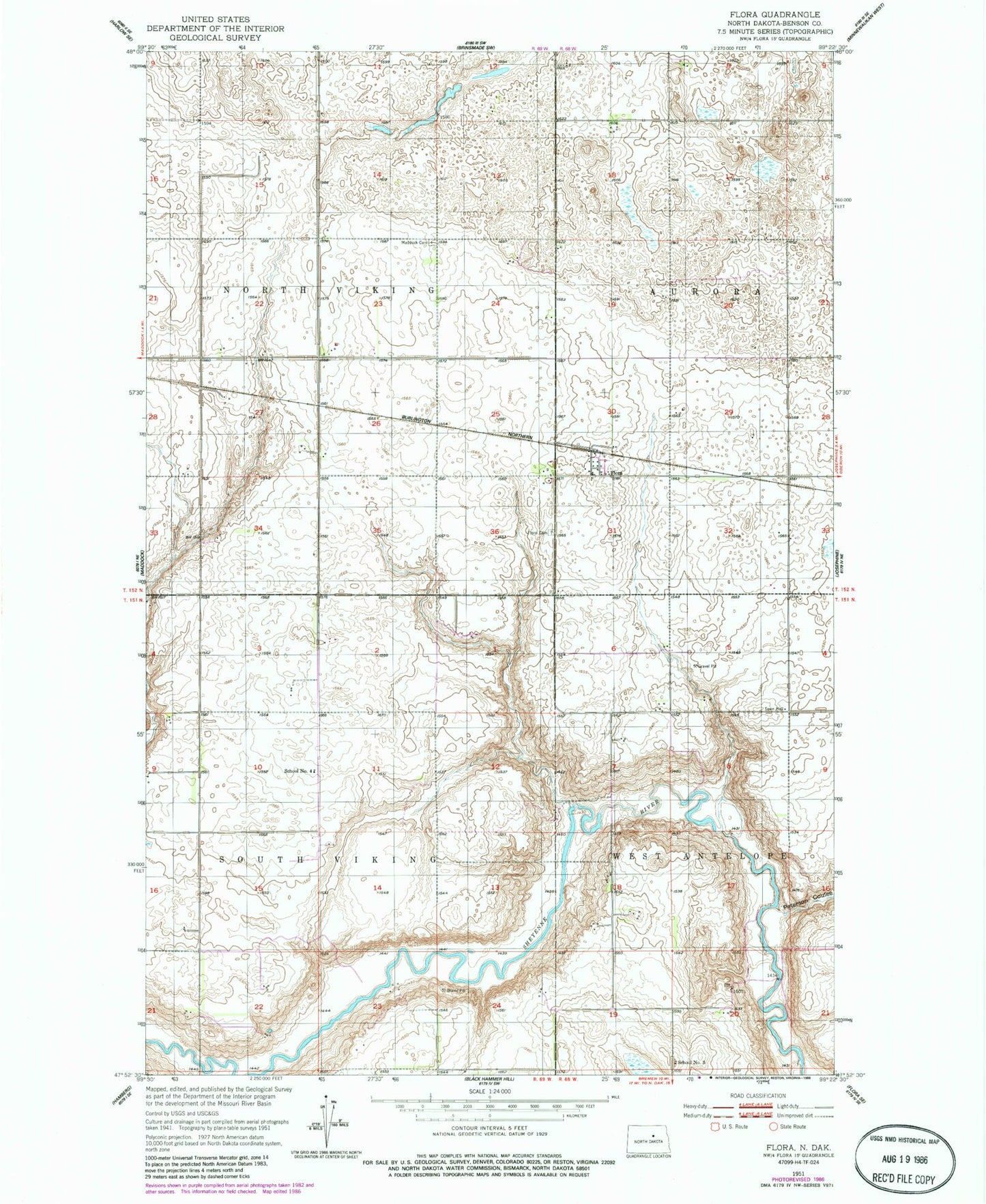 Classic USGS Flora North Dakota 7.5'x7.5' Topo Map Image