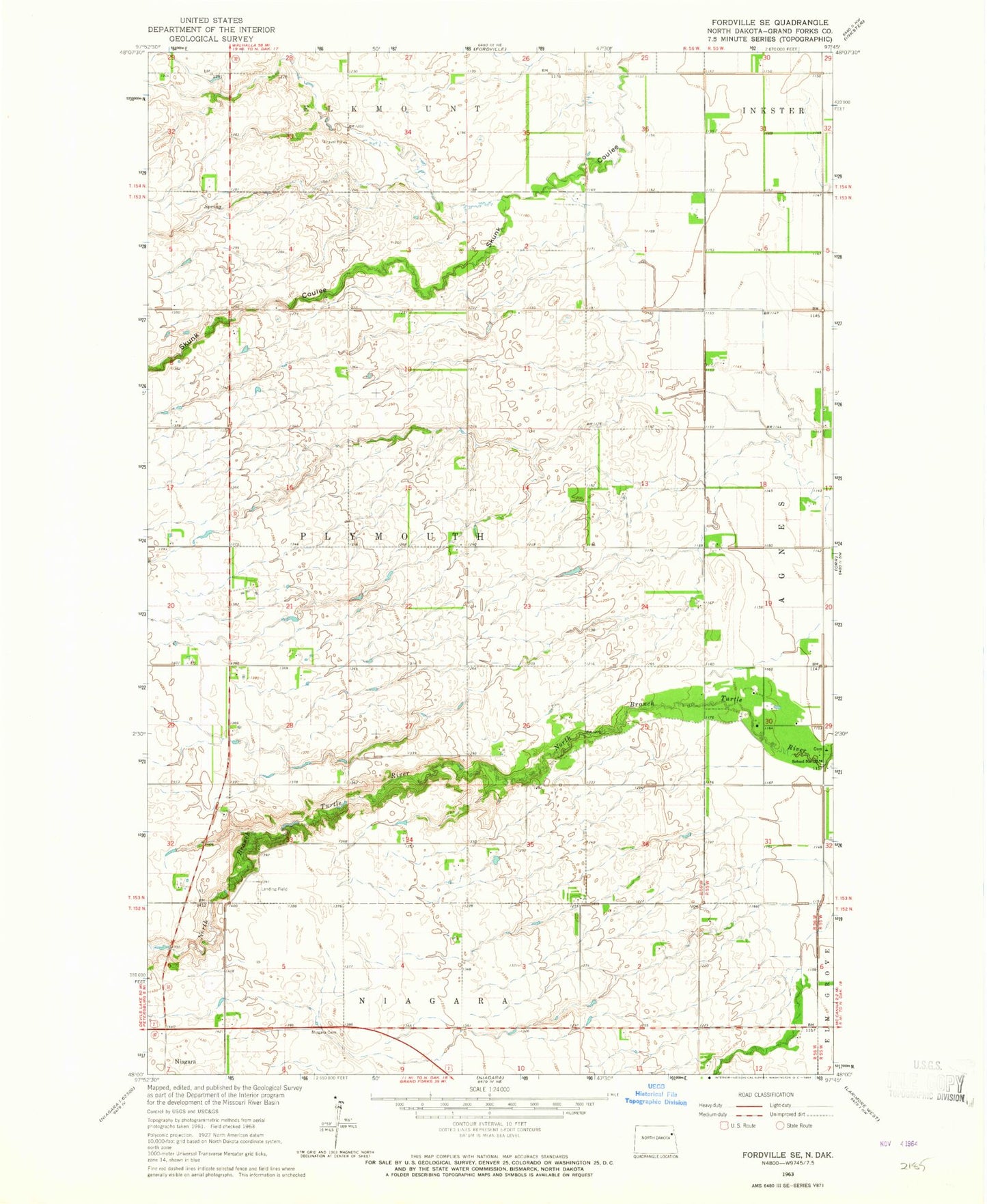 Classic USGS Fordville SE North Dakota 7.5'x7.5' Topo Map Image