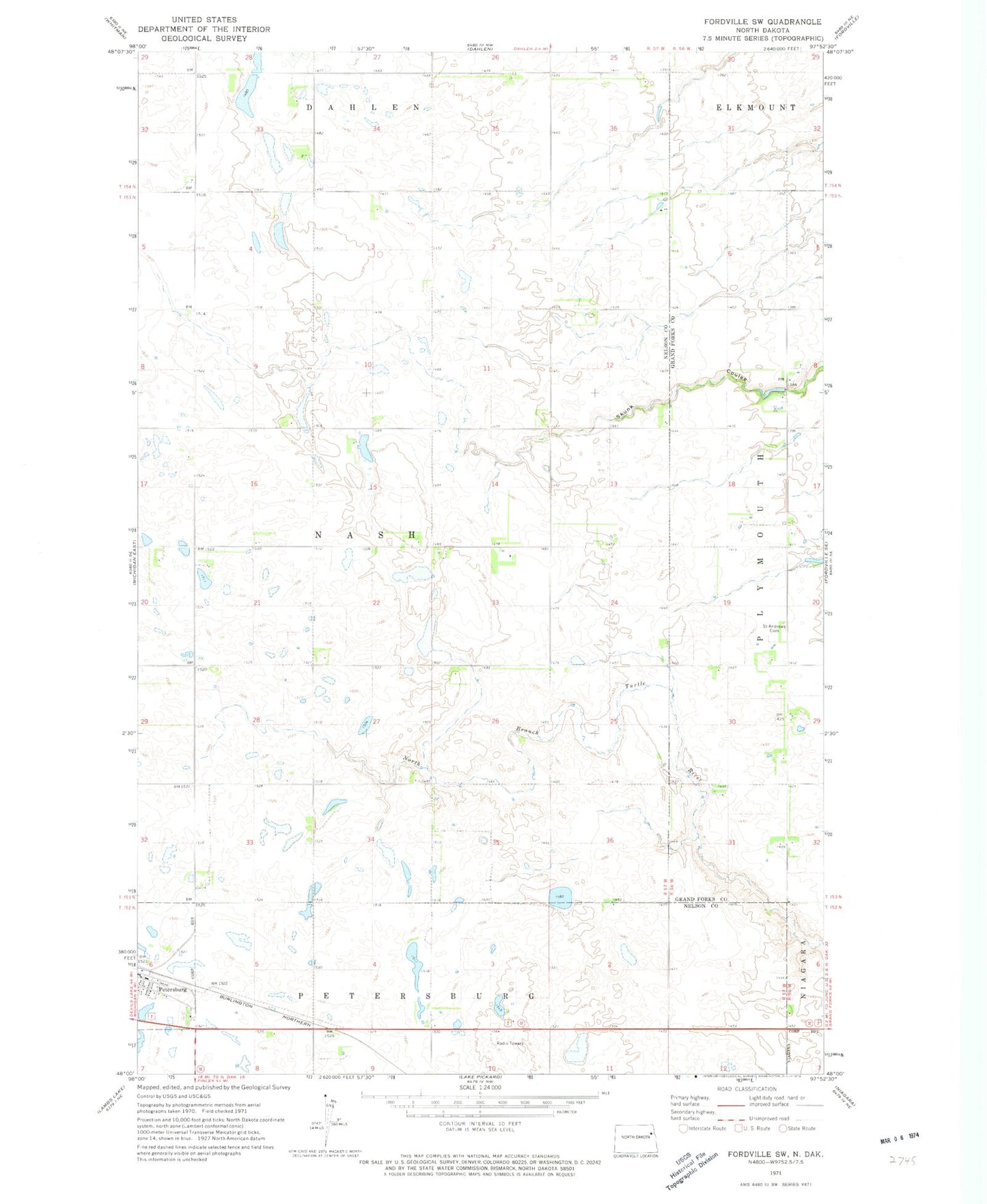 Classic USGS Fordville SW North Dakota 7.5'x7.5' Topo Map Image